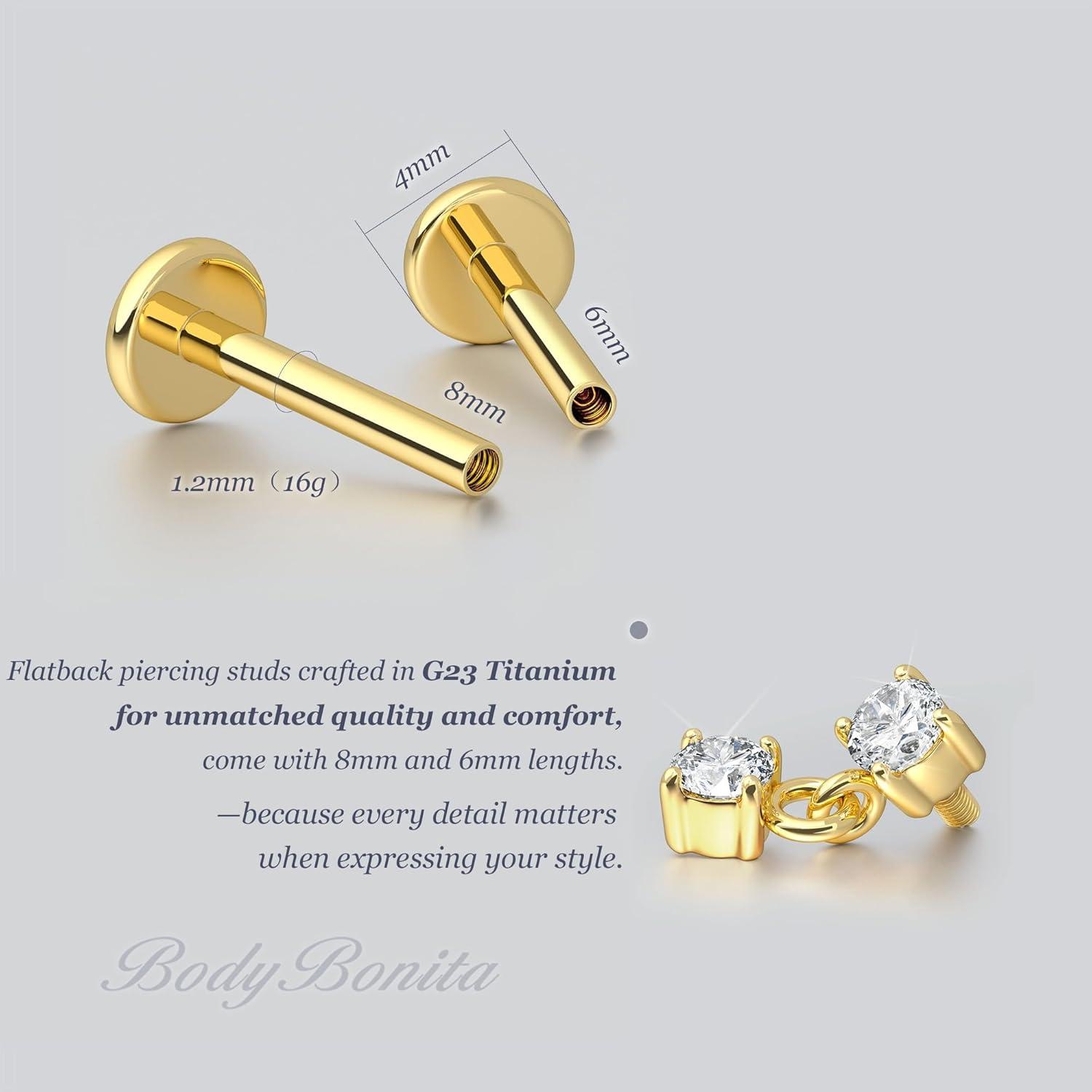 imageBodyBonita 16G Stud Earrings Flat Back G23 Titanium Internal Thread Cartilage Earrings for Women Hypoallergenic CZ Stud Piercing Jewelry TragusNoseHelixConchMedusaLipLabret 6mm 8mmDeux14K Gold