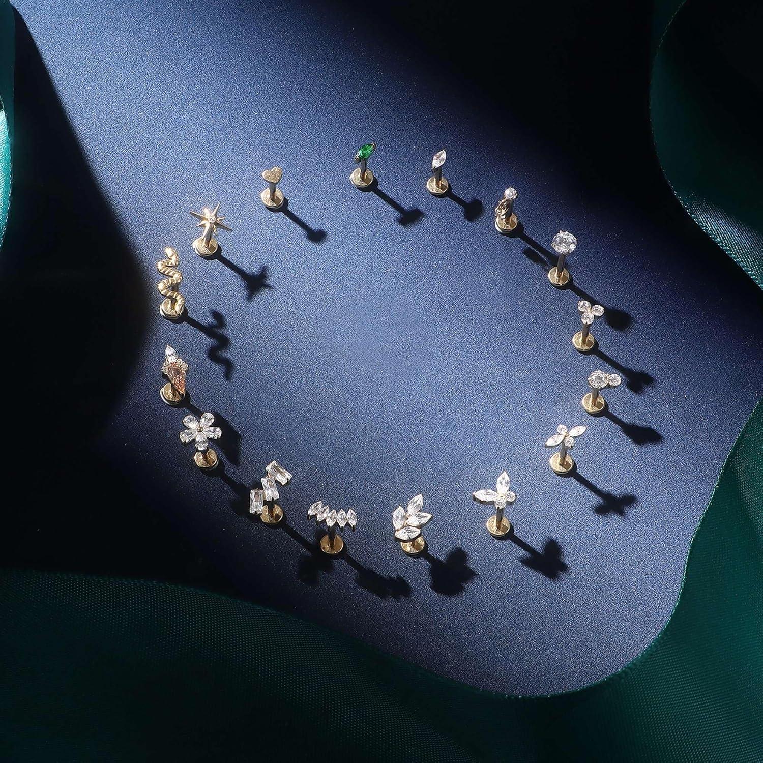 imageBodyBonita 16G Stud Earrings Flat Back G23 Titanium Internal Thread Cartilage Earrings for Women Hypoallergenic CZ Stud Piercing Jewelry TragusNoseHelixConchMedusaLipLabret 6mm 8mmDeux14K Gold