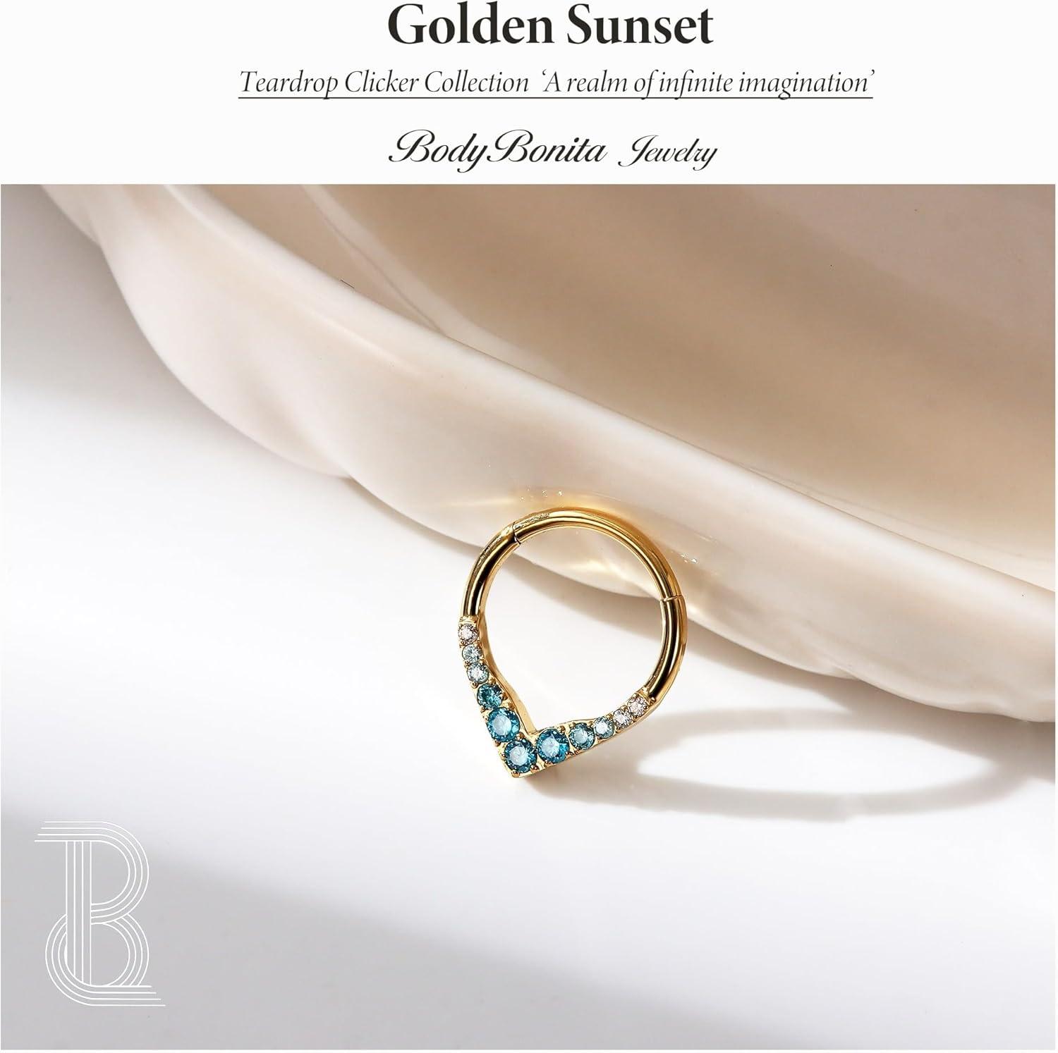 imageBodyBonita 16G Teardrop Septum Rings 316L Surgical Steel Hinged Nose Rings Septum Piercings Jewelry CZ Nose Hoop Daith Tragus Helix Rook Cartilage Piercing Jewelry for Women Men Gold Plated 8mm 10mmGold Blue CZ5A