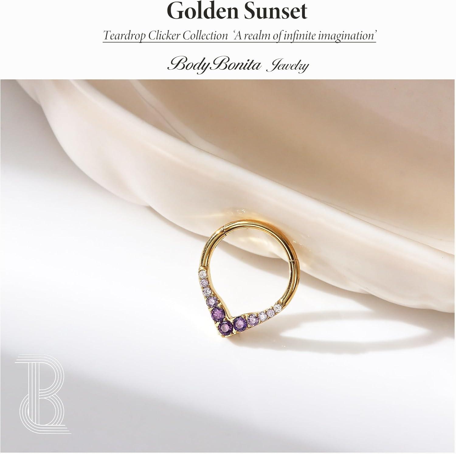 imageBodyBonita 16G Teardrop Septum Rings 316L Surgical Steel Hinged Nose Rings Septum Piercings Jewelry CZ Nose Hoop Daith Tragus Helix Rook Cartilage Piercing Jewelry for Women Men Gold Plated 8mm 10mmGold Purple CZ5A