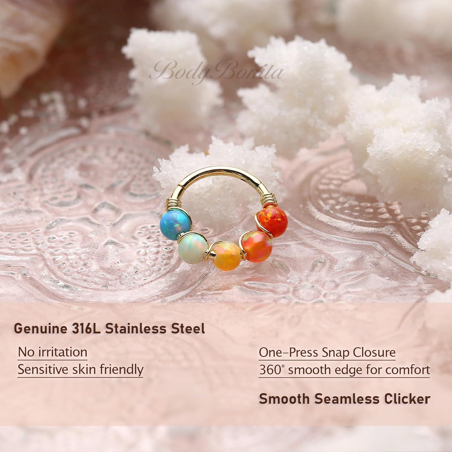 imageBodyBonita 1Pcs 18G 9mm Opal Nose Rings Hoops for Women 316L Surgical Steel Septum Rings Nostril Helix Conch Daith Tragus Piercing JewelryGold