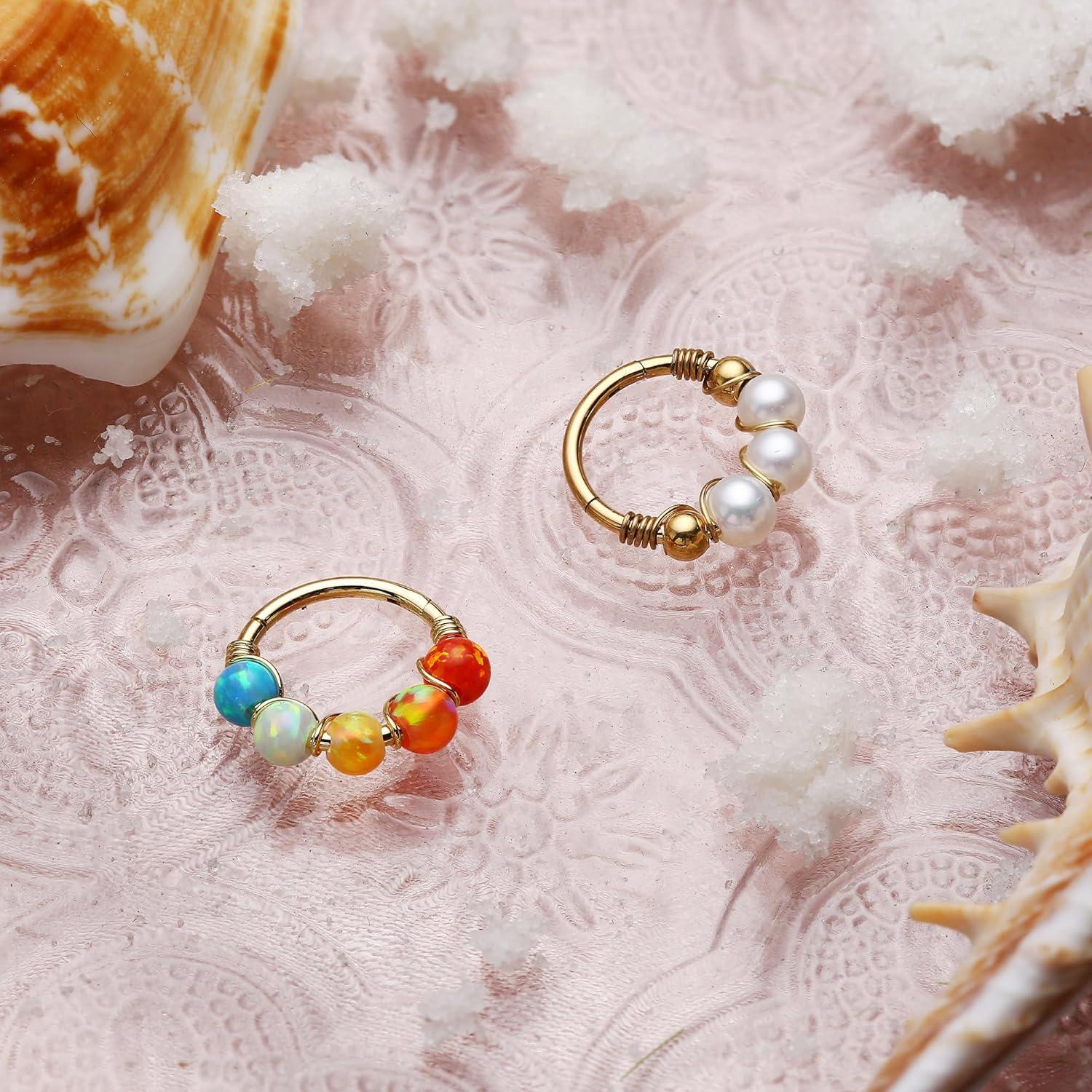 imageBodyBonita 1Pcs 18G 9mm Opal Nose Rings Hoops for Women 316L Surgical Steel Septum Rings Nostril Helix Conch Daith Tragus Piercing JewelryGold