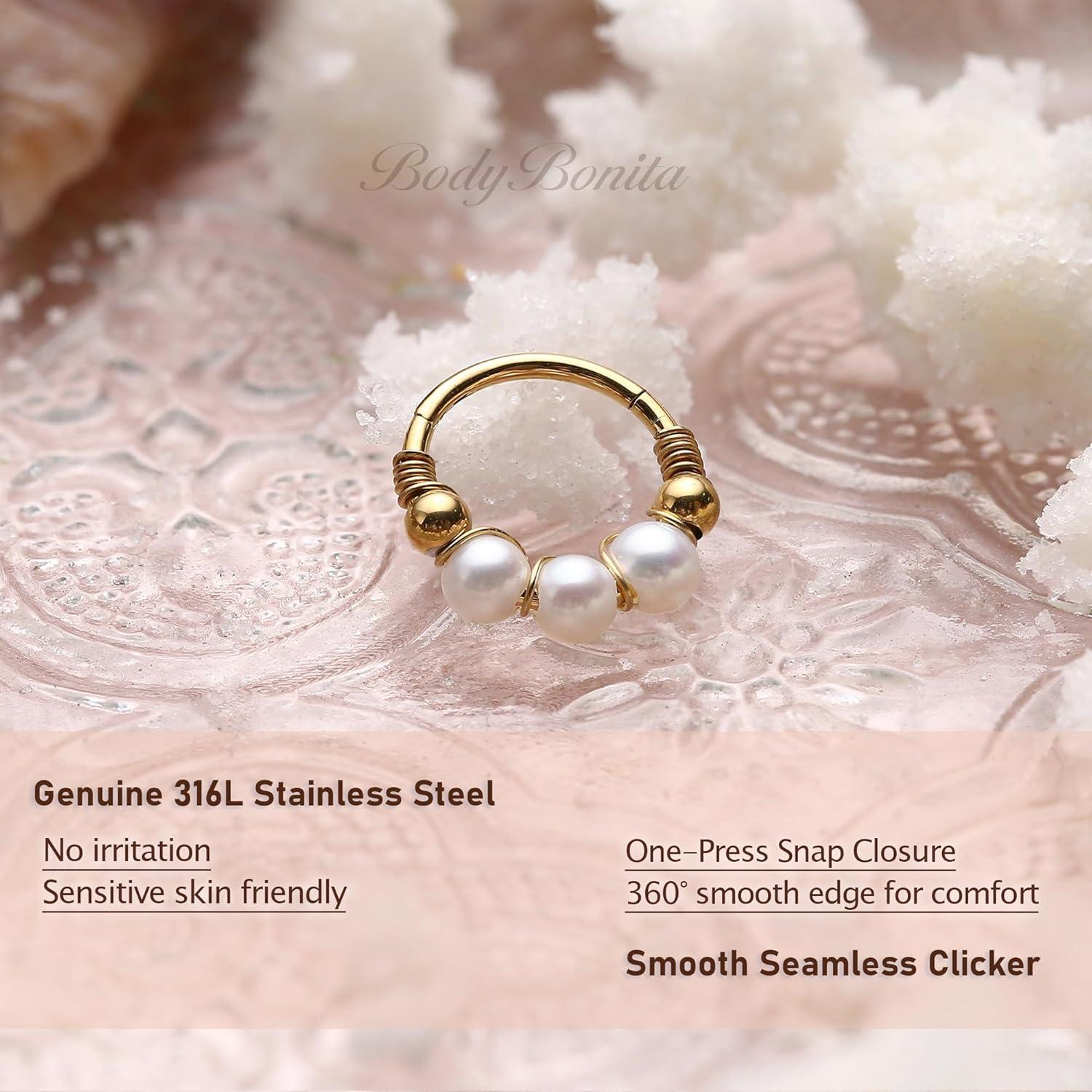 imageBodyBonita 1Pcs 18G 9mm Pearl Nose Rings Hoops for Women 316L Surgical Steel Septum Rings Nostril Helix Conch Daith Tragus Piercing JewelryGold