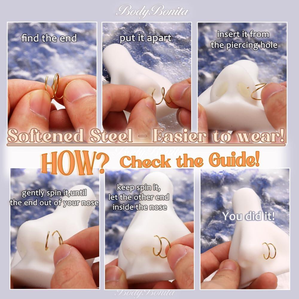 imageBodyBonita 28Pcs Softened 316L Stainless Steel Double Hoop Nose Ring for Single Piercing 22G 20G 18G Bendable Twist Spiral Nose Rings Hoops for Women 8mm 10 mm1 pairSilver