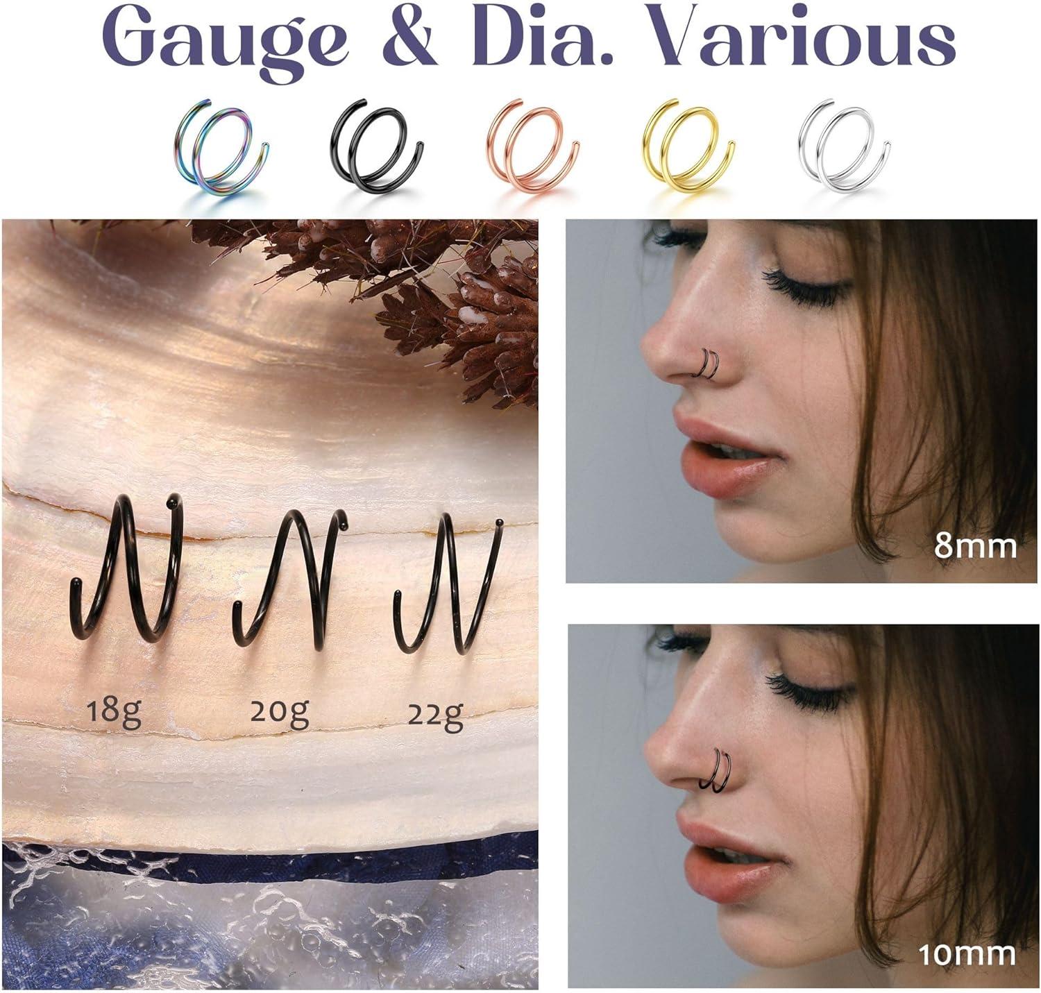 imageBodyBonita 28Pcs Softened 316L Stainless Steel Double Hoop Nose Ring for Single Piercing 22G 20G 18G Bendable Twist Spiral Nose Rings Hoops for Women 8mm 10 mm3 pcsMixedRightTwist