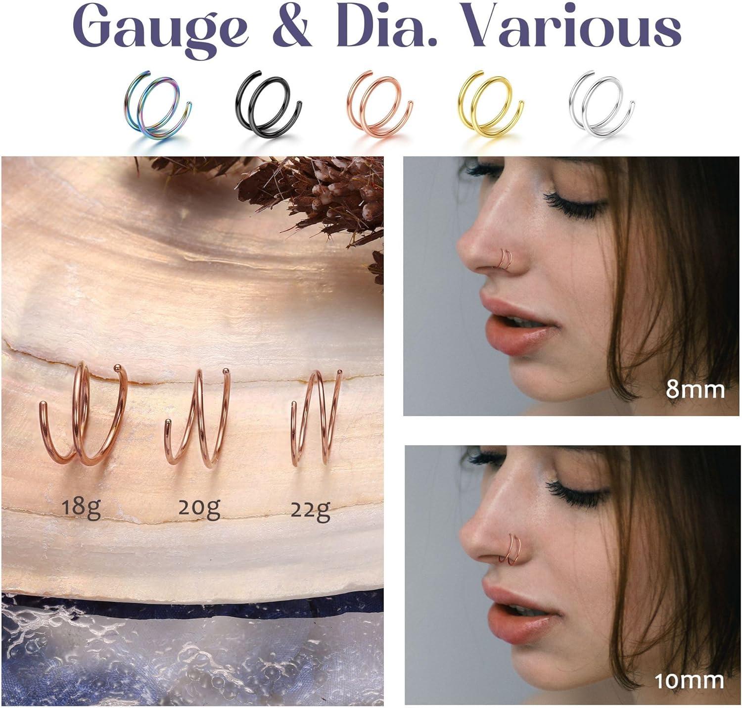 imageBodyBonita 28Pcs Softened 316L Stainless Steel Double Hoop Nose Ring for Single Piercing 22G 20G 18G Bendable Twist Spiral Nose Rings Hoops for Women 8mm 10 mm3 pcsMixedRightTwist