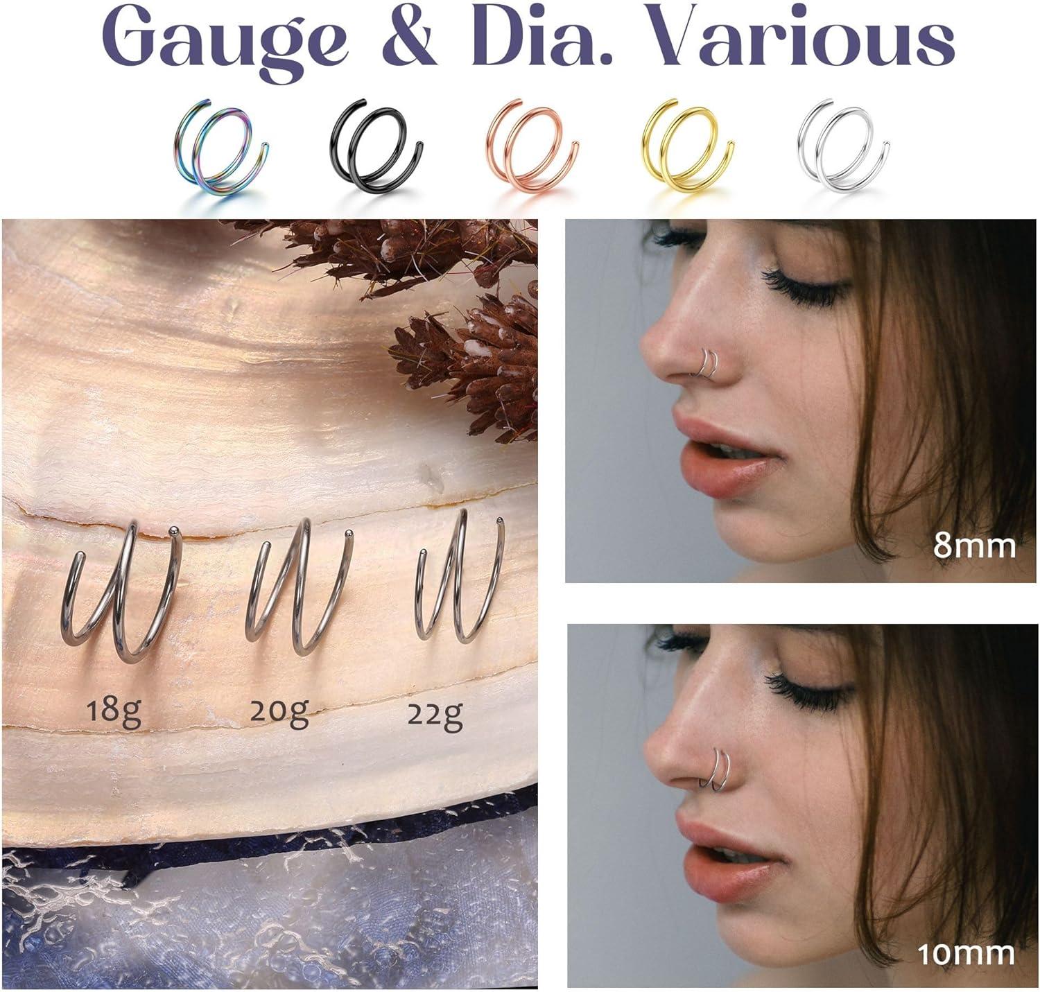 imageBodyBonita 28Pcs Softened 316L Stainless Steel Double Hoop Nose Ring for Single Piercing 22G 20G 18G Bendable Twist Spiral Nose Rings Hoops for Women 8mm 10 mm3 pcsMixedRightTwist