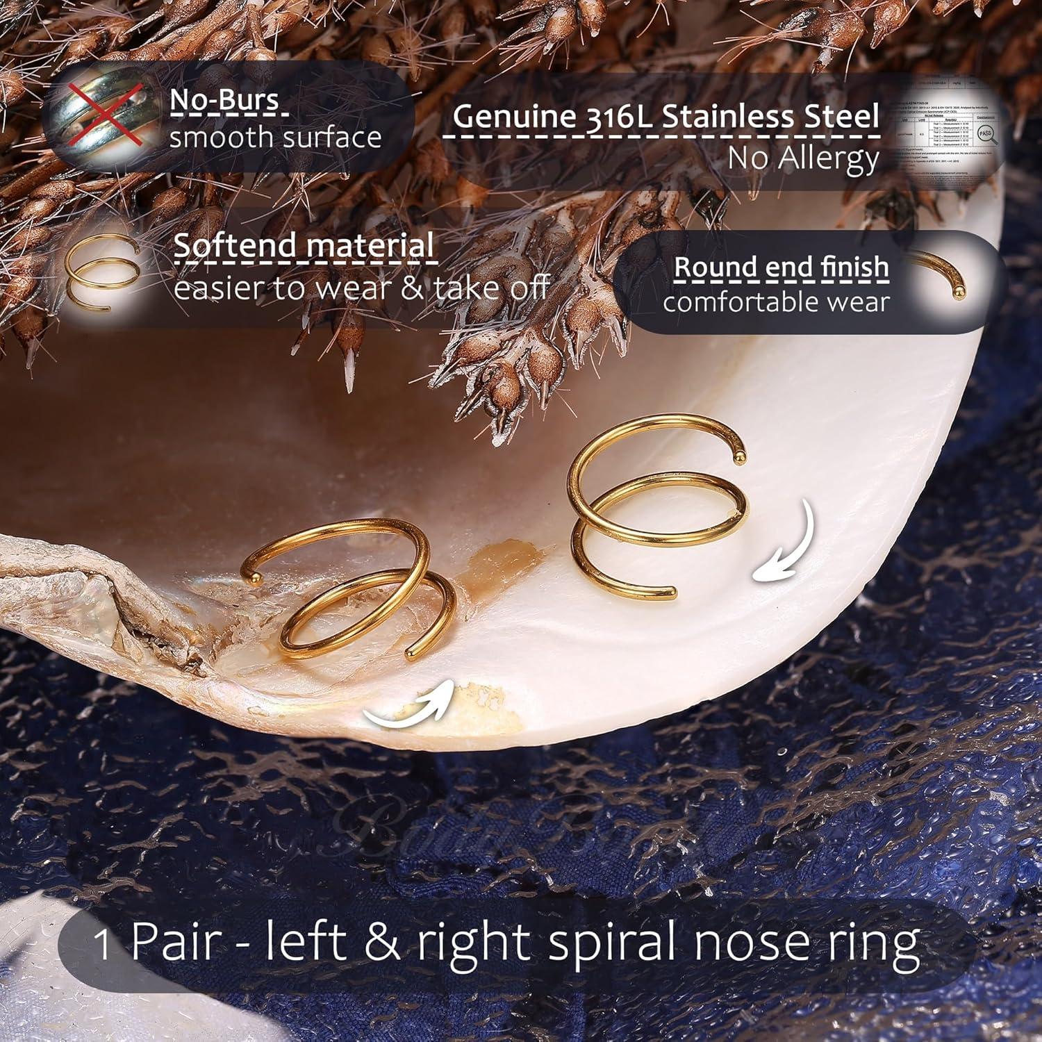 imageBodyBonita 28Pcs Softened 316L Stainless Steel Double Hoop Nose Ring for Single Piercing 22G 20G 18G Bendable Twist Spiral Nose Rings Hoops for Women 8mm 10 mm1 pairGold