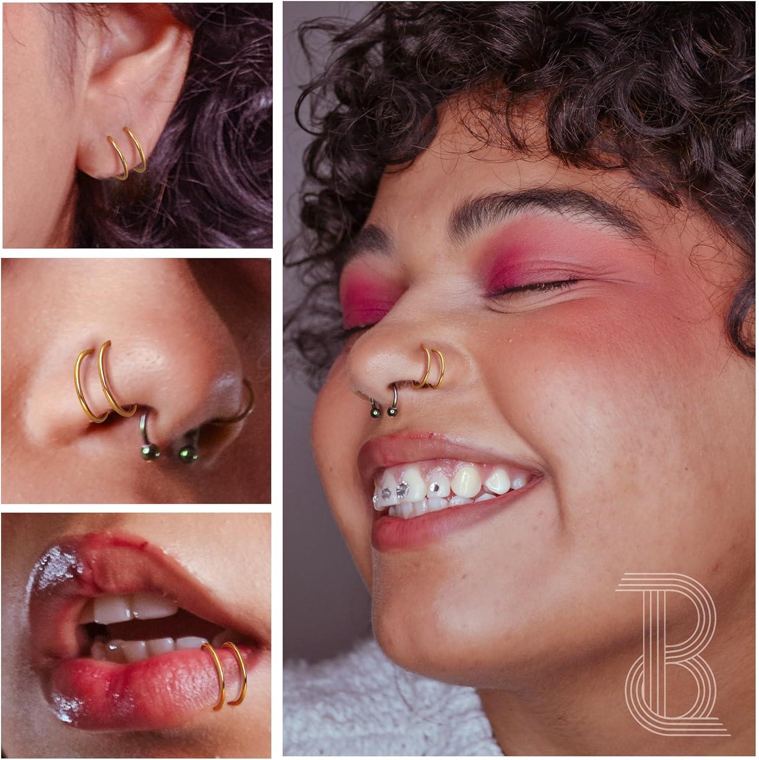 imageBodyBonita 28Pcs Softened 316L Stainless Steel Double Hoop Nose Ring for Single Piercing 22G 20G 18G Bendable Twist Spiral Nose Rings Hoops for Women 8mm 10 mm1 pairGold