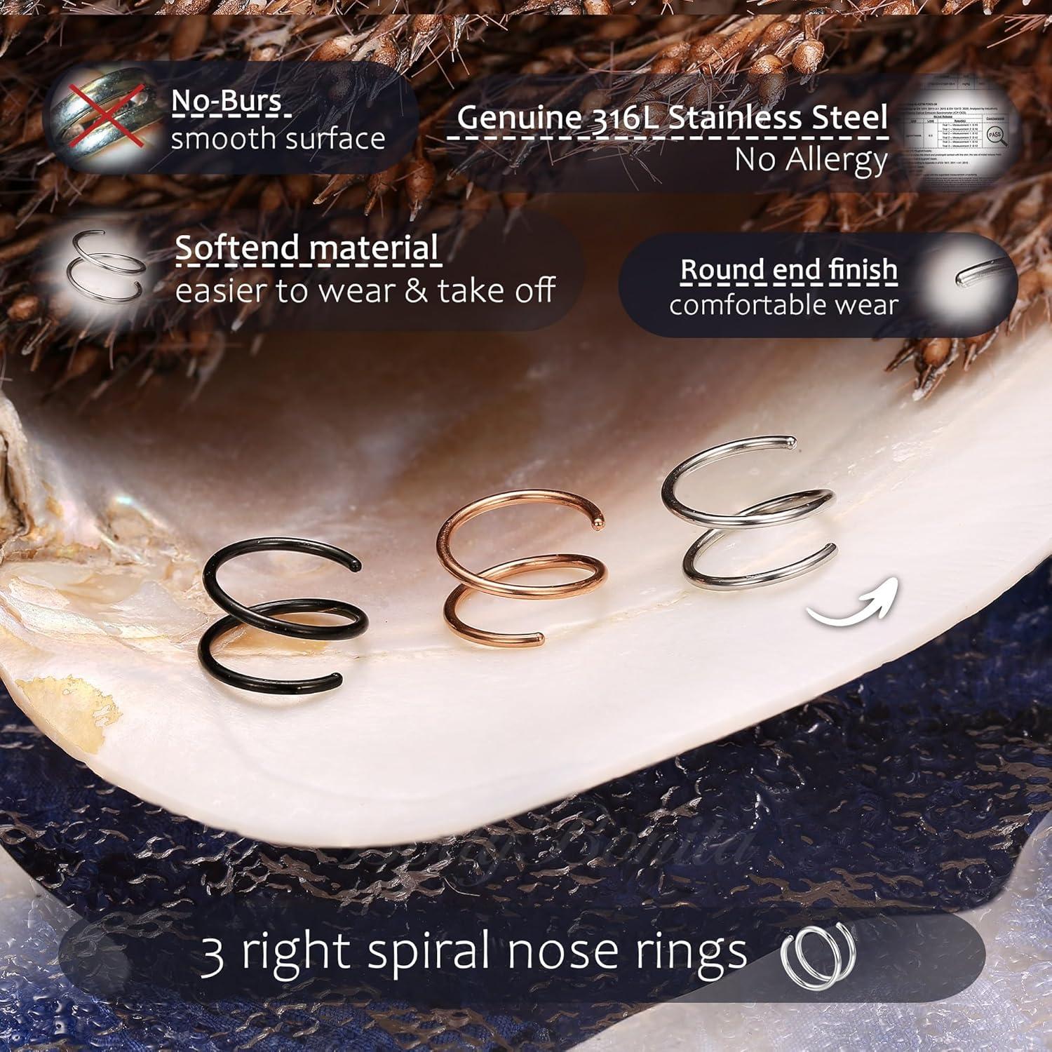 imageBodyBonita 28Pcs Softened 316L Stainless Steel Double Hoop Nose Ring for Single Piercing 22G 20G 18G Bendable Twist Spiral Nose Rings Hoops for Women 8mm 10 mm3 pcsMixedRightTwist