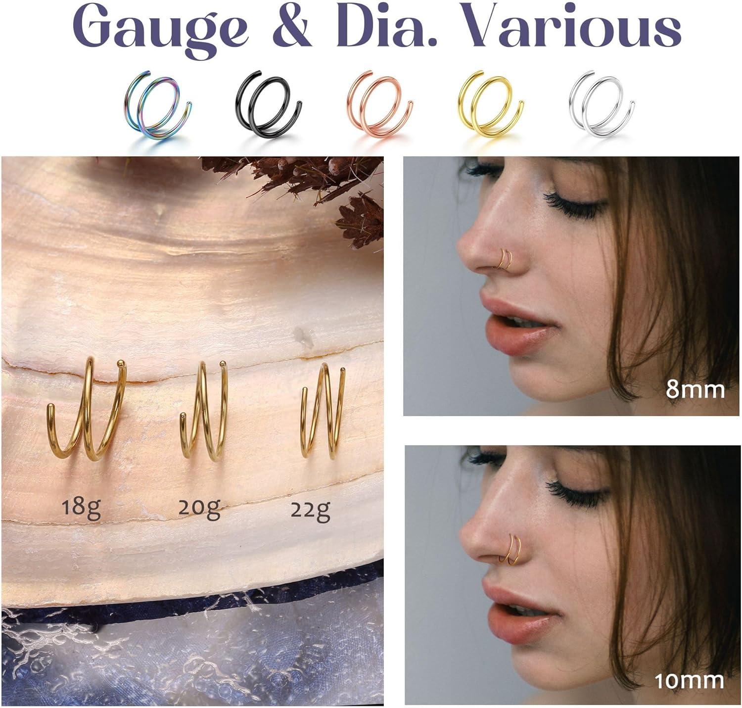 imageBodyBonita 28Pcs Softened 316L Stainless Steel Double Hoop Nose Ring for Single Piercing 22G 20G 18G Bendable Twist Spiral Nose Rings Hoops for Women 8mm 10 mm1 pairGold