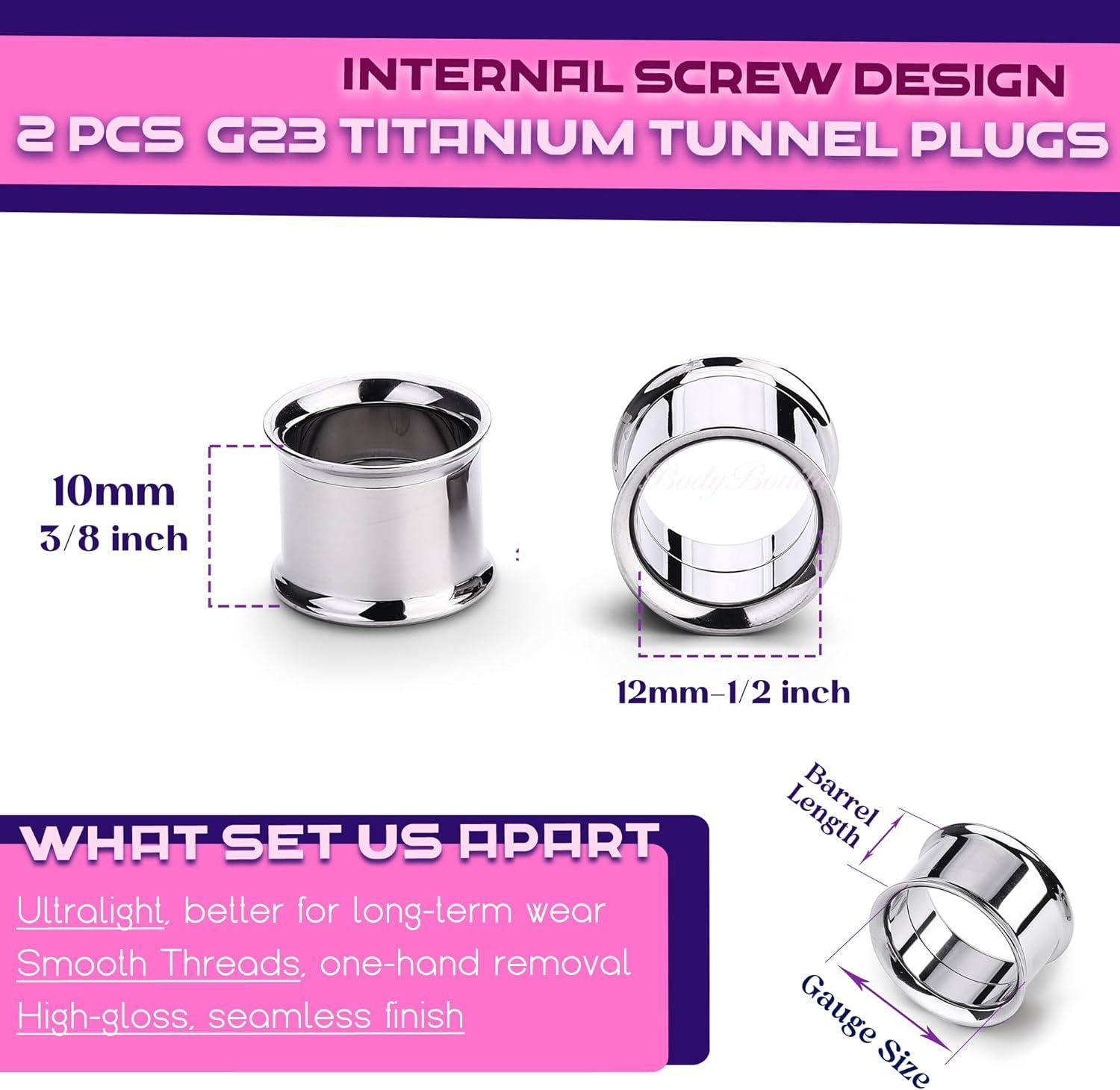 imageBodyBonita 2Pcs G23 Titanium Double Flared Earrings Internally Threaded Gauges for Ears Weights Eyelet Tunnel Plug Stretching Kit From 3mm to 25mm Women MenSilver