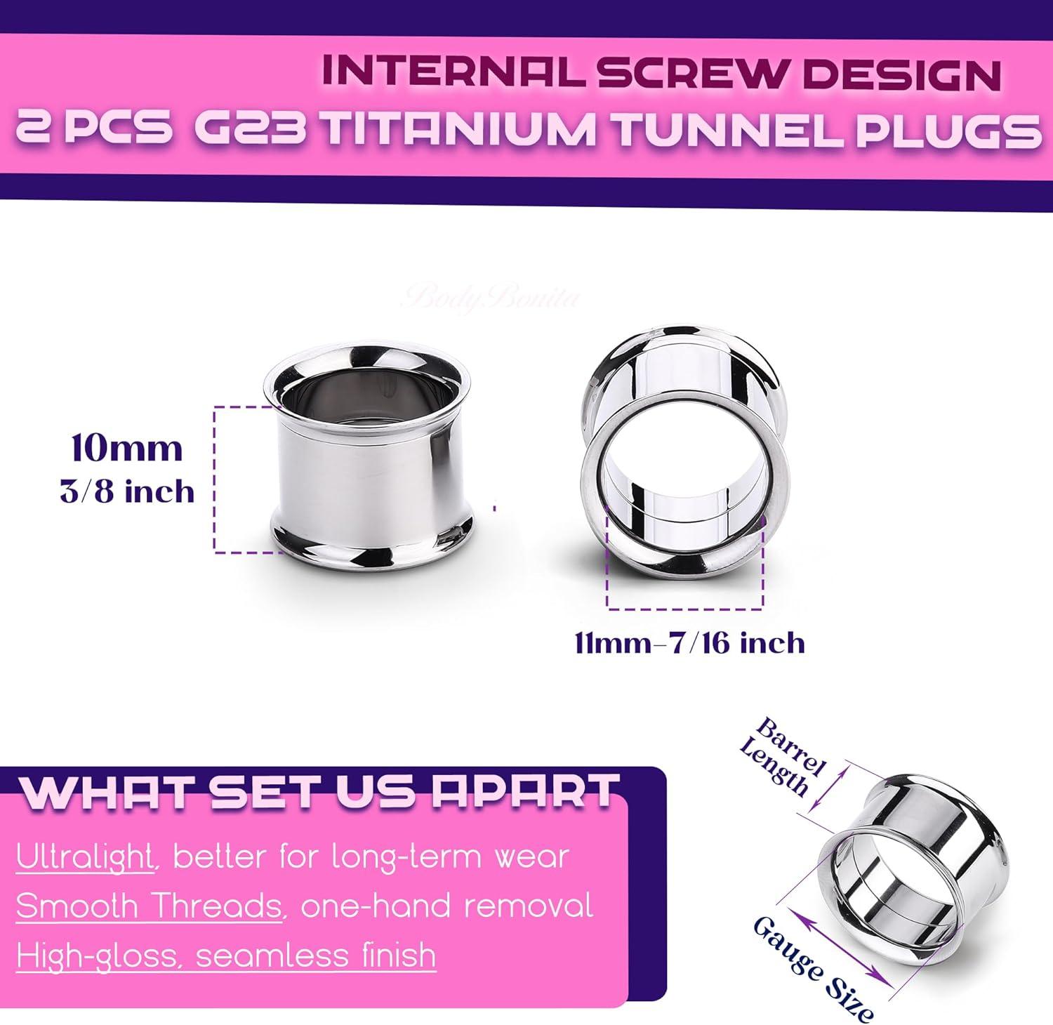 imageBodyBonita 2Pcs G23 Titanium Double Flared Earrings Internally Threaded Gauges for Ears Weights Eyelet Tunnel Plug Stretching Kit From 3mm to 25mm Women MenSilver