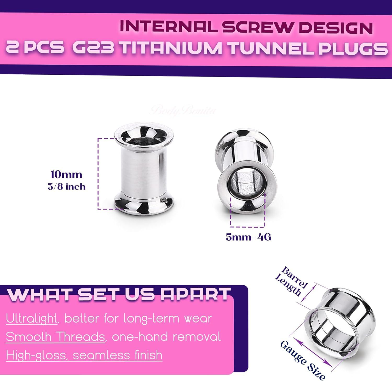 imageBodyBonita 2Pcs G23 Titanium Double Flared Earrings Internally Threaded Gauges for Ears Weights Eyelet Tunnel Plug Stretching Kit From 3mm to 25mm Women MenSilver