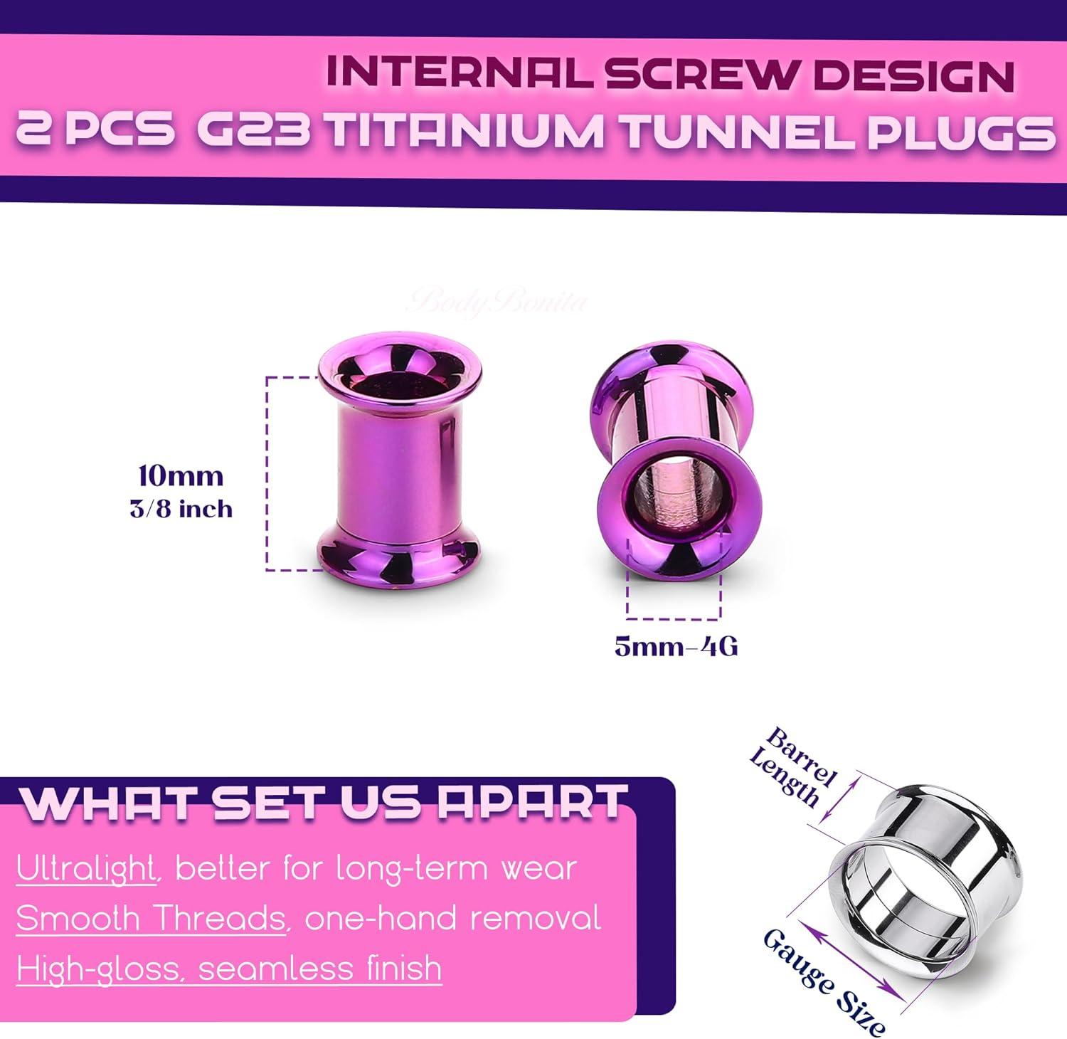 imageBodyBonita 2Pcs G23 Titanium Double Flared Earrings Internally Threaded Gauges for Ears Weights Eyelet Tunnel Plug Stretching Kit From 3mm to 25mm Women MenPurple