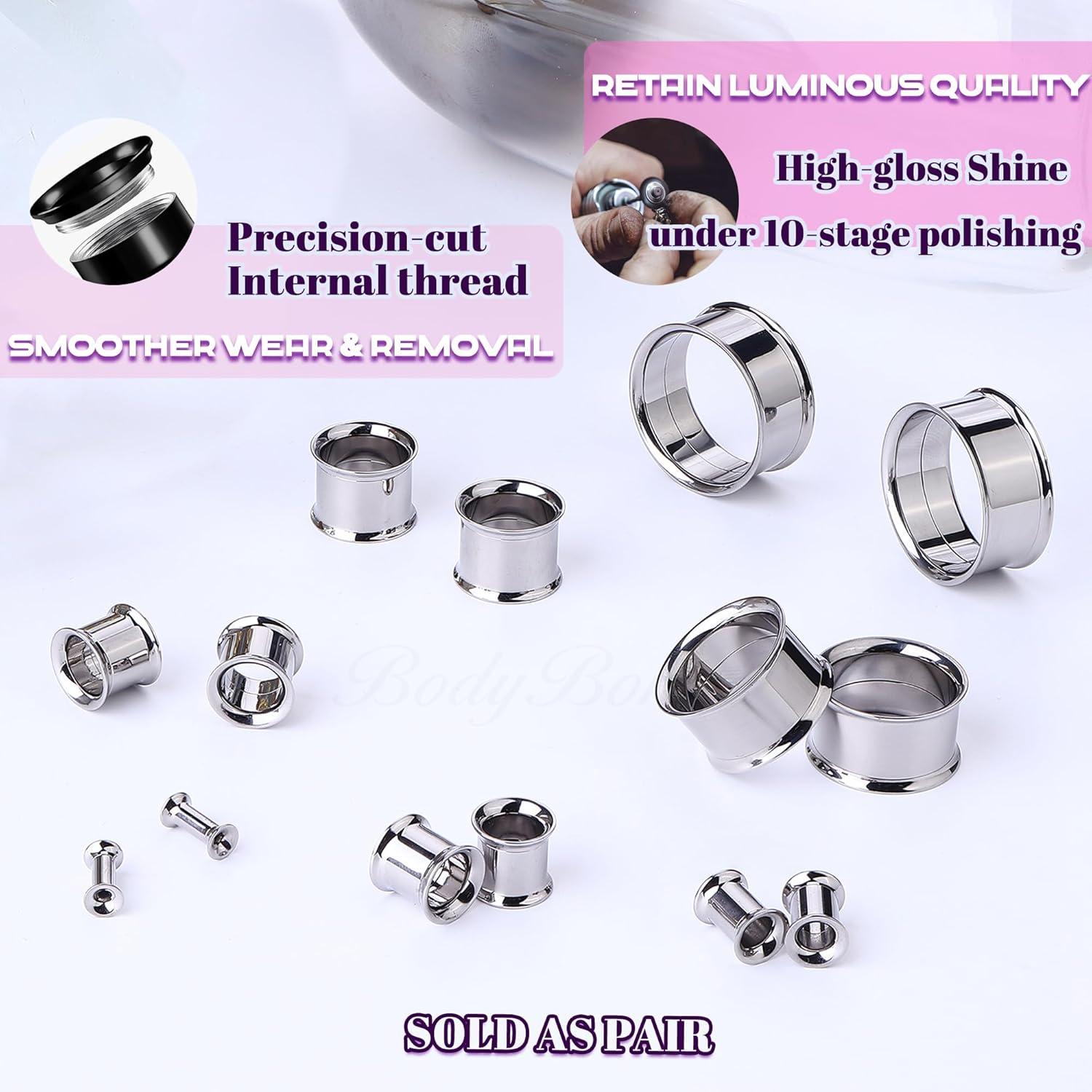 imageBodyBonita 2Pcs G23 Titanium Double Flared Earrings Internally Threaded Gauges for Ears Weights Eyelet Tunnel Plug Stretching Kit From 3mm to 25mm Women MenSilver