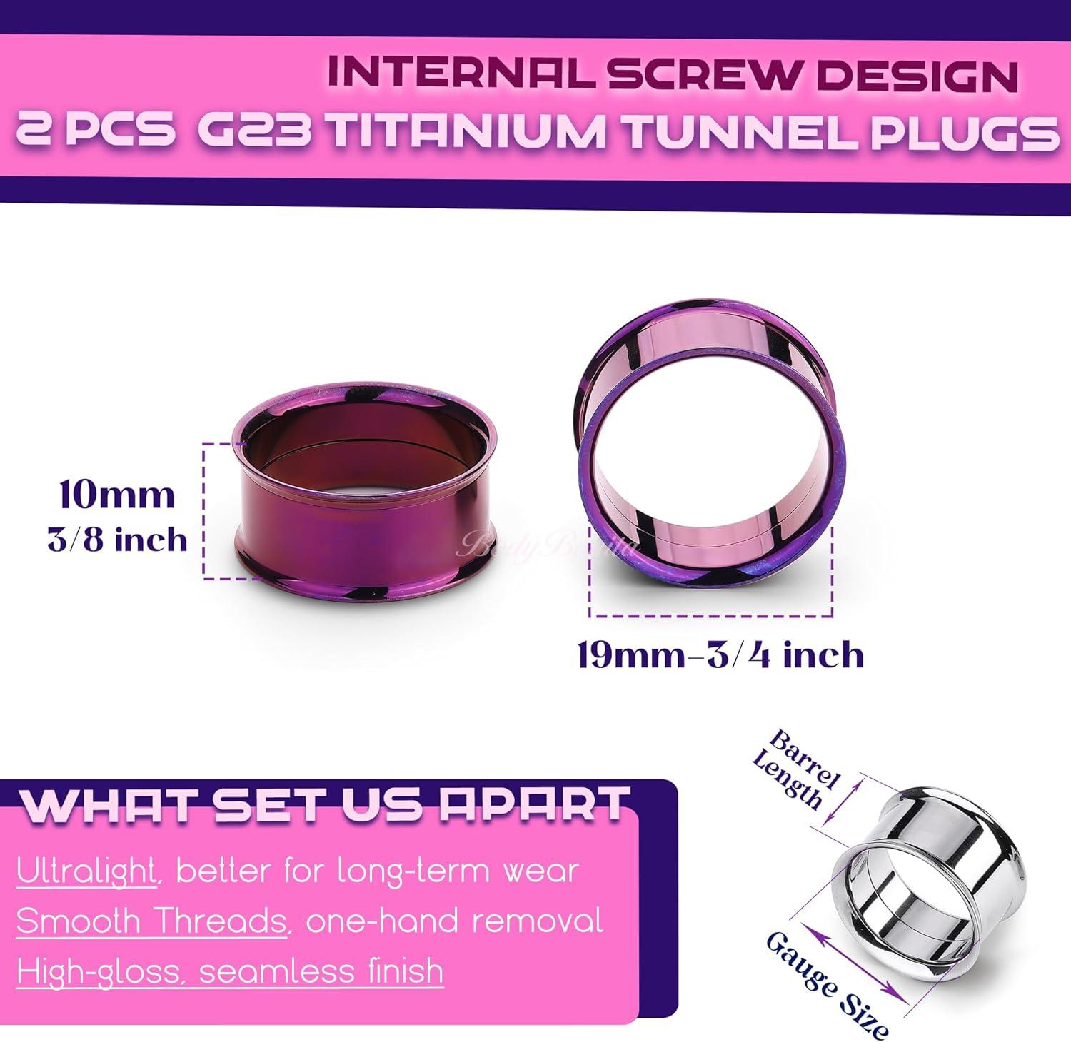 imageBodyBonita 2Pcs G23 Titanium Double Flared Earrings Internally Threaded Gauges for Ears Weights Eyelet Tunnel Plug Stretching Kit From 3mm to 25mm Women MenPurple