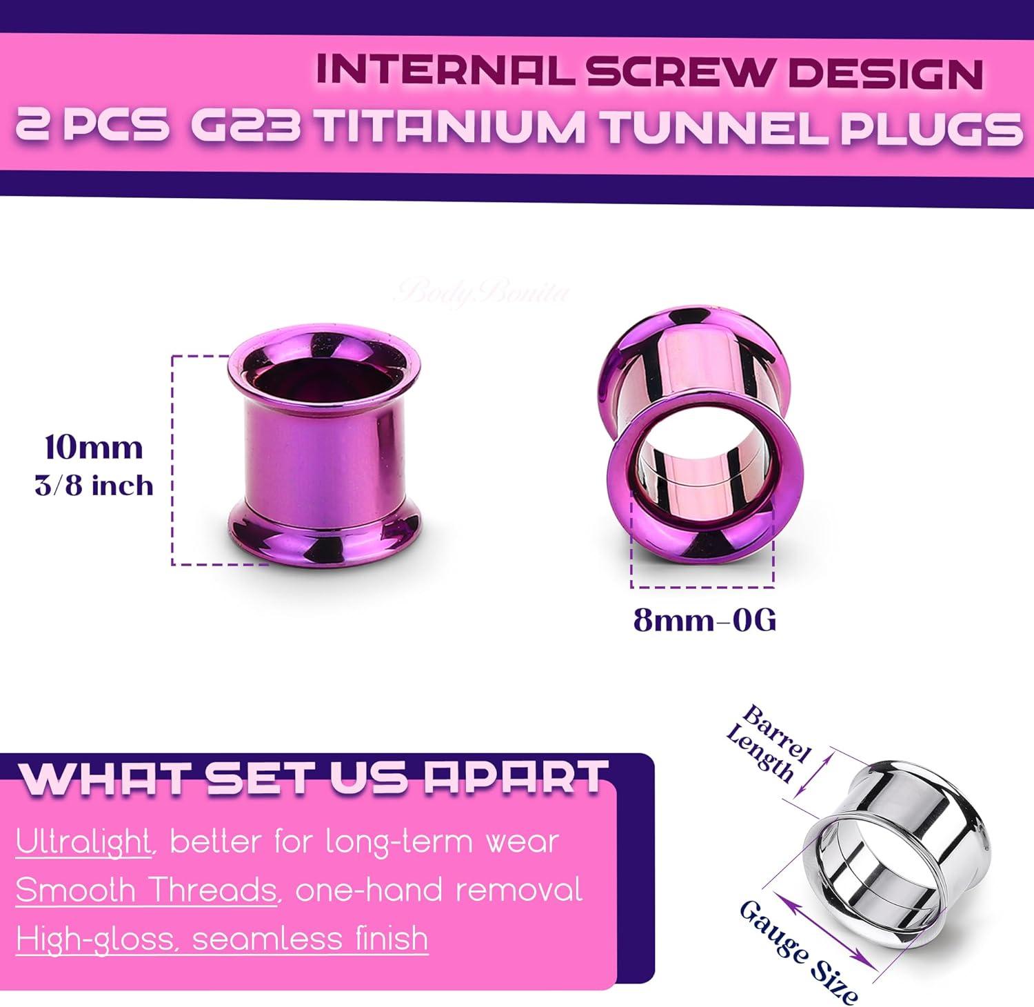 imageBodyBonita 2Pcs G23 Titanium Double Flared Earrings Internally Threaded Gauges for Ears Weights Eyelet Tunnel Plug Stretching Kit From 3mm to 25mm Women MenPurple