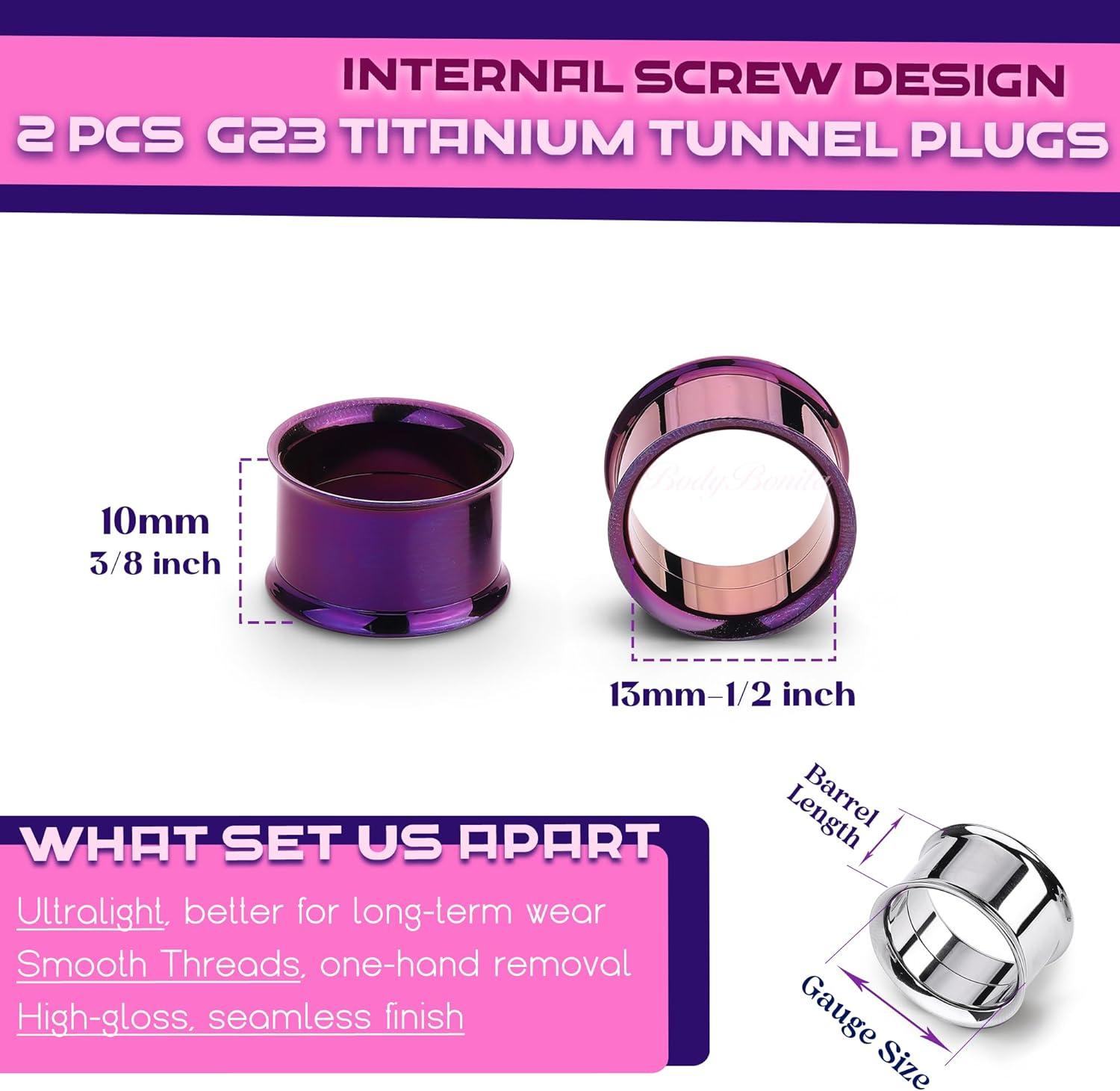 imageBodyBonita 2Pcs G23 Titanium Double Flared Earrings Internally Threaded Gauges for Ears Weights Eyelet Tunnel Plug Stretching Kit From 3mm to 25mm Women MenPurple