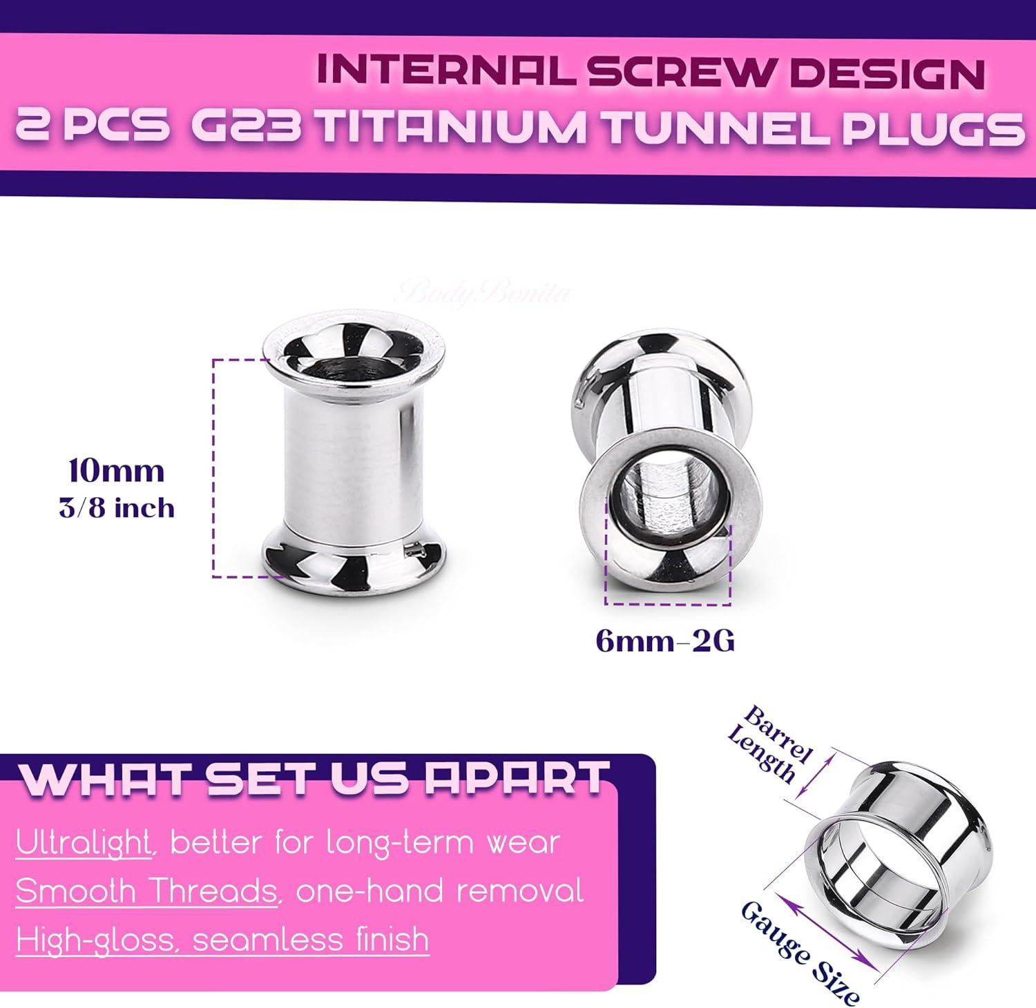 imageBodyBonita 2Pcs G23 Titanium Double Flared Earrings Internally Threaded Gauges for Ears Weights Eyelet Tunnel Plug Stretching Kit From 3mm to 25mm Women MenSilver