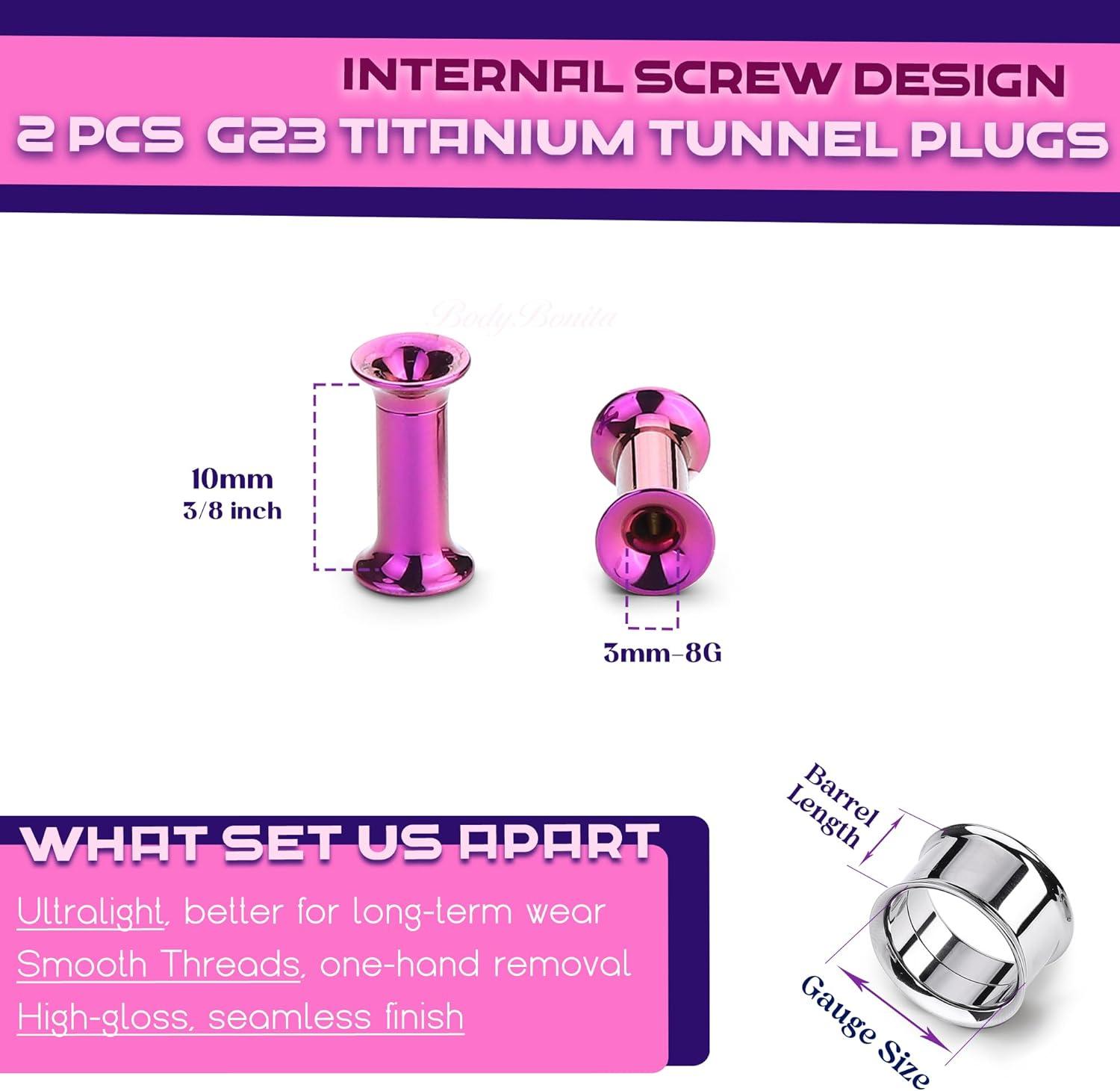 imageBodyBonita 2Pcs G23 Titanium Double Flared Earrings Internally Threaded Gauges for Ears Weights Eyelet Tunnel Plug Stretching Kit From 3mm to 25mm Women MenPurple