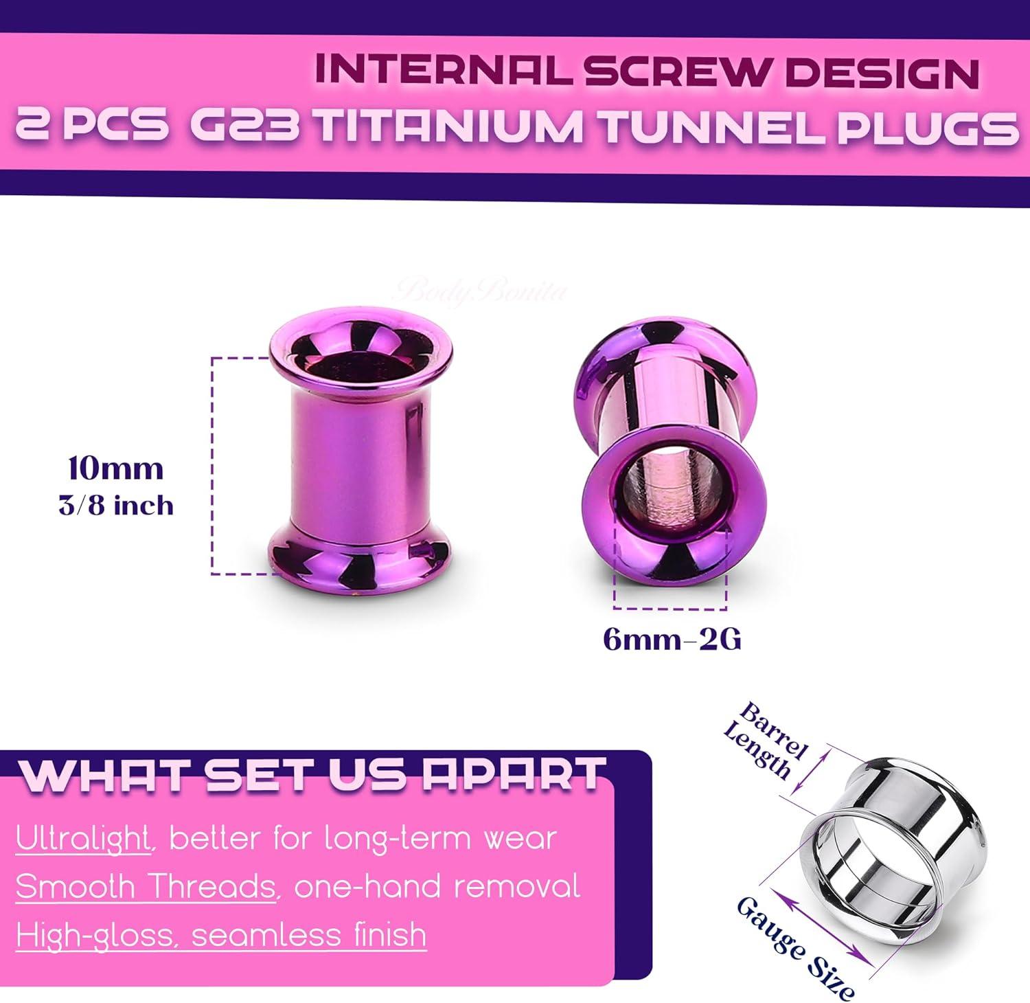 imageBodyBonita 2Pcs G23 Titanium Double Flared Earrings Internally Threaded Gauges for Ears Weights Eyelet Tunnel Plug Stretching Kit From 3mm to 25mm Women MenPurple