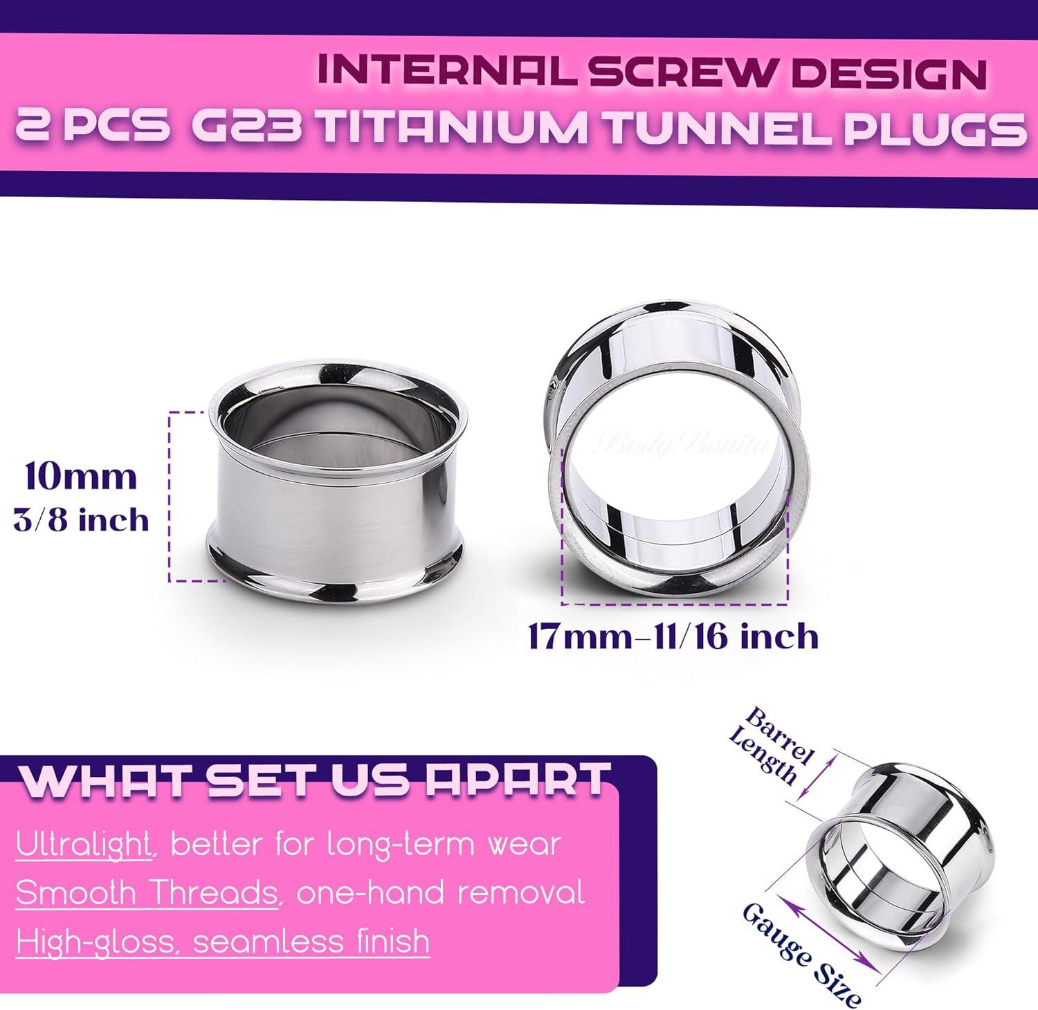 imageBodyBonita 2Pcs G23 Titanium Double Flared Earrings Internally Threaded Gauges for Ears Weights Eyelet Tunnel Plug Stretching Kit From 3mm to 25mm Women MenSilver