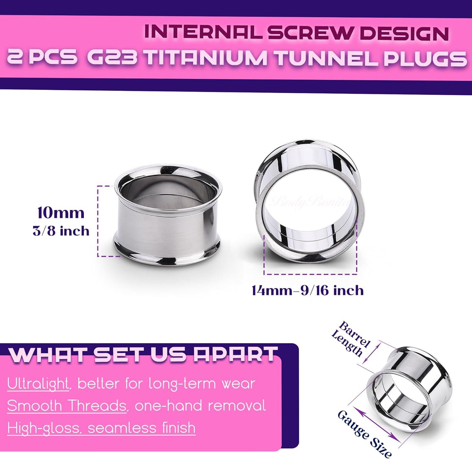 imageBodyBonita 2Pcs G23 Titanium Double Flared Earrings Internally Threaded Gauges for Ears Weights Eyelet Tunnel Plug Stretching Kit From 3mm to 25mm Women MenSilver