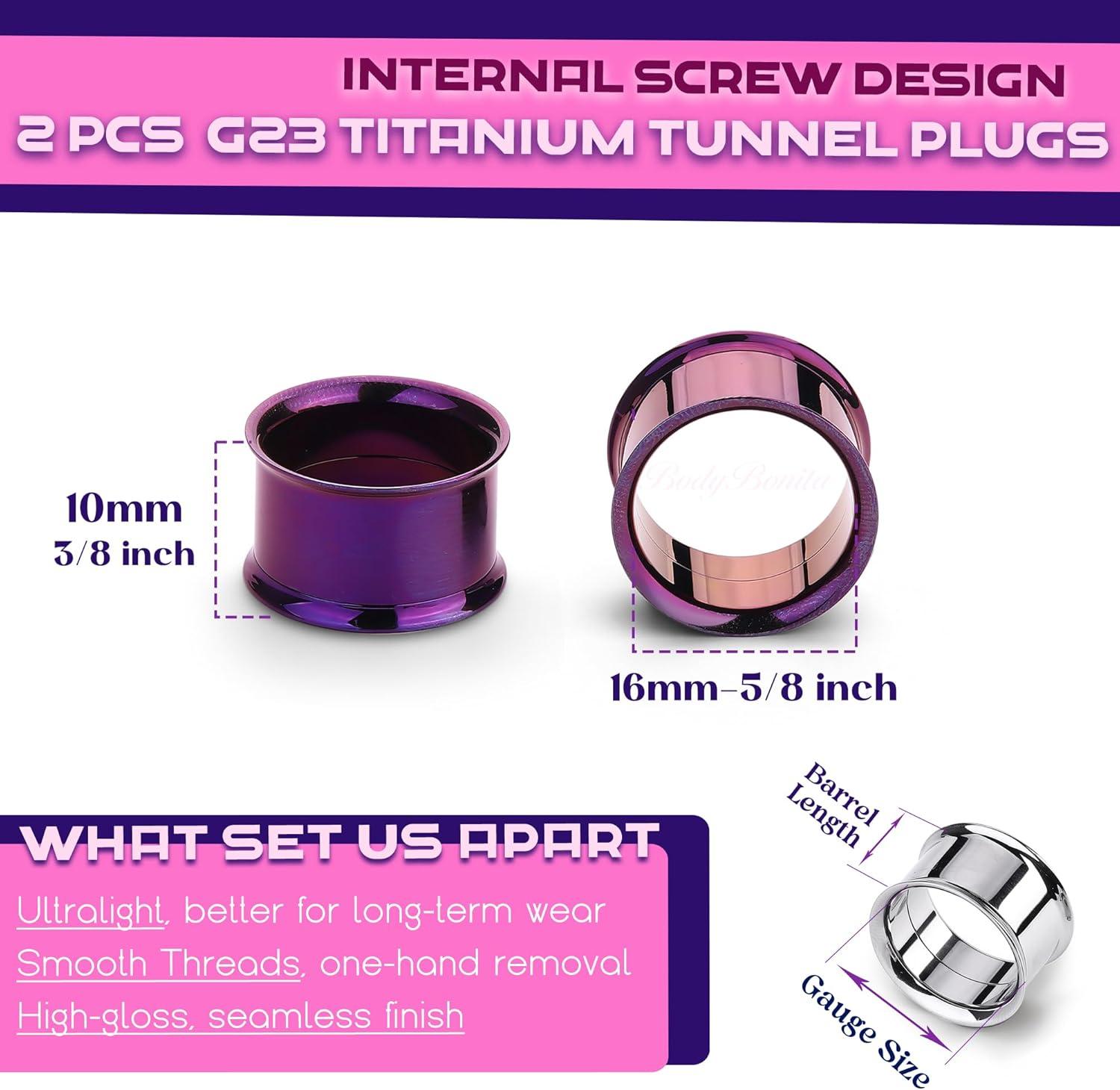 imageBodyBonita 2Pcs G23 Titanium Double Flared Earrings Internally Threaded Gauges for Ears Weights Eyelet Tunnel Plug Stretching Kit From 3mm to 25mm Women MenPurple