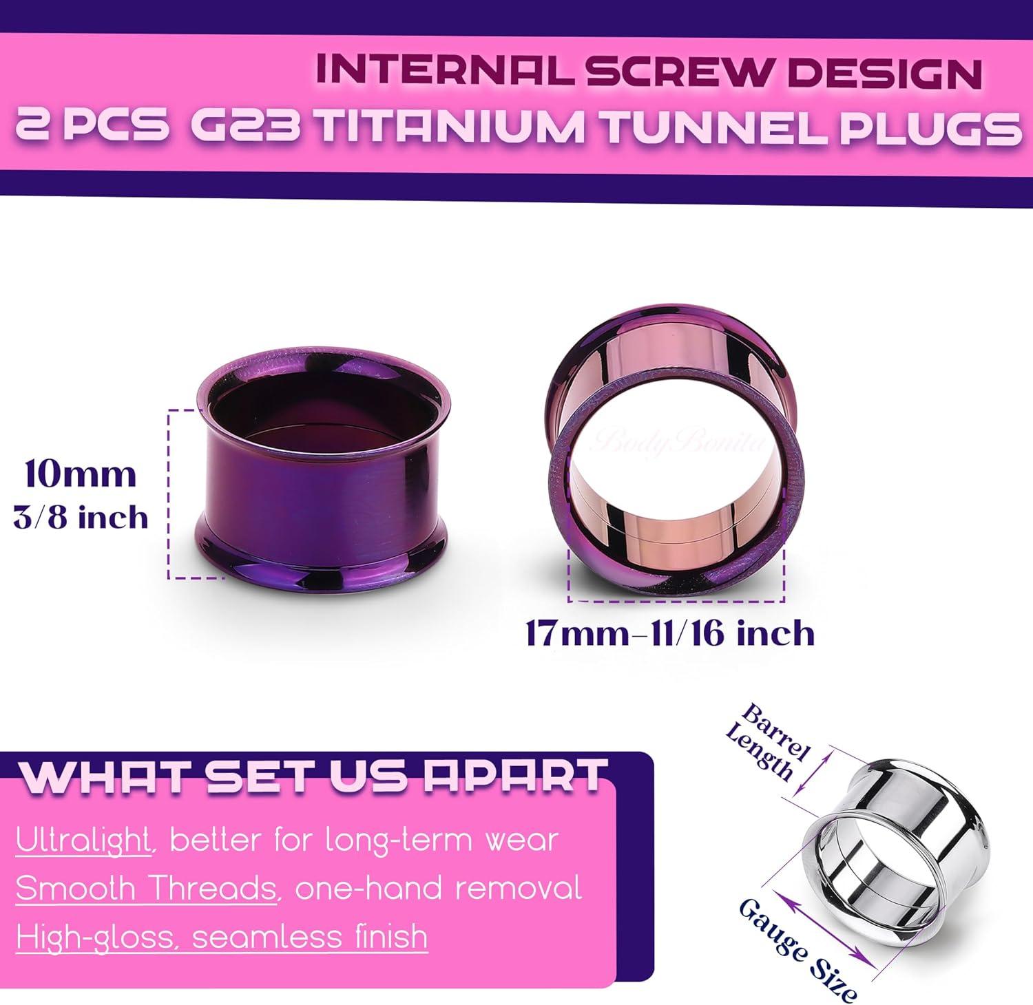 imageBodyBonita 2Pcs G23 Titanium Double Flared Earrings Internally Threaded Gauges for Ears Weights Eyelet Tunnel Plug Stretching Kit From 3mm to 25mm Women MenPurple