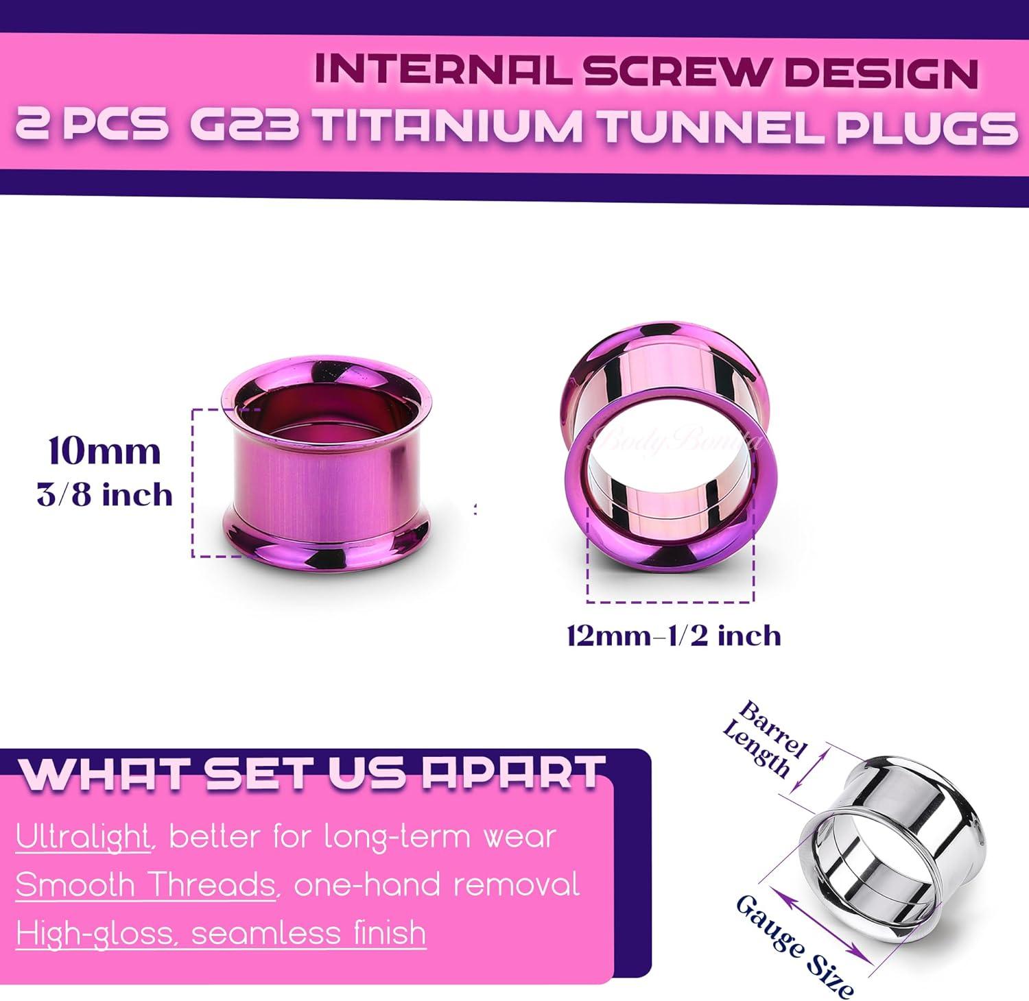 imageBodyBonita 2Pcs G23 Titanium Double Flared Earrings Internally Threaded Gauges for Ears Weights Eyelet Tunnel Plug Stretching Kit From 3mm to 25mm Women MenPurple