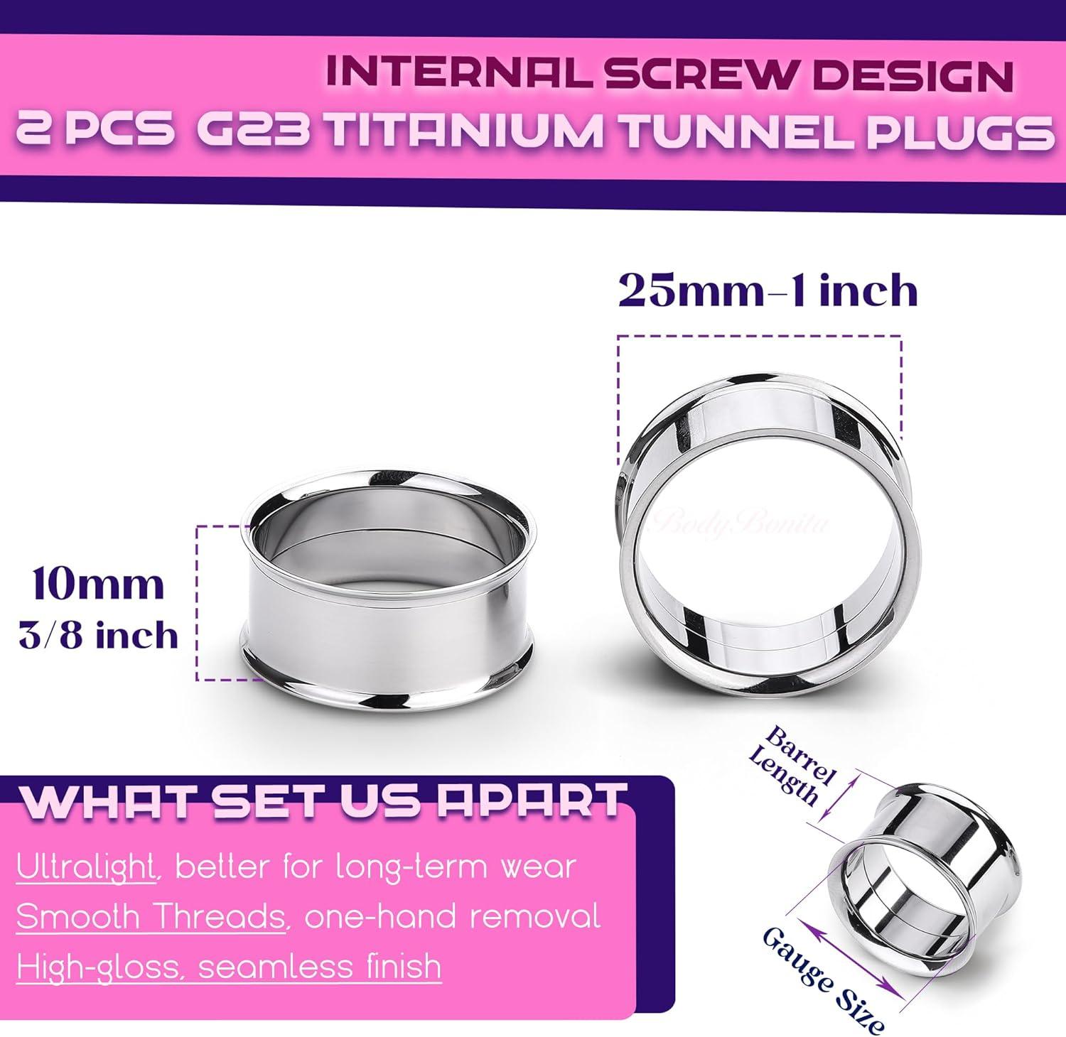 imageBodyBonita 2Pcs G23 Titanium Double Flared Earrings Internally Threaded Gauges for Ears Weights Eyelet Tunnel Plug Stretching Kit From 3mm to 25mm Women MenSilver