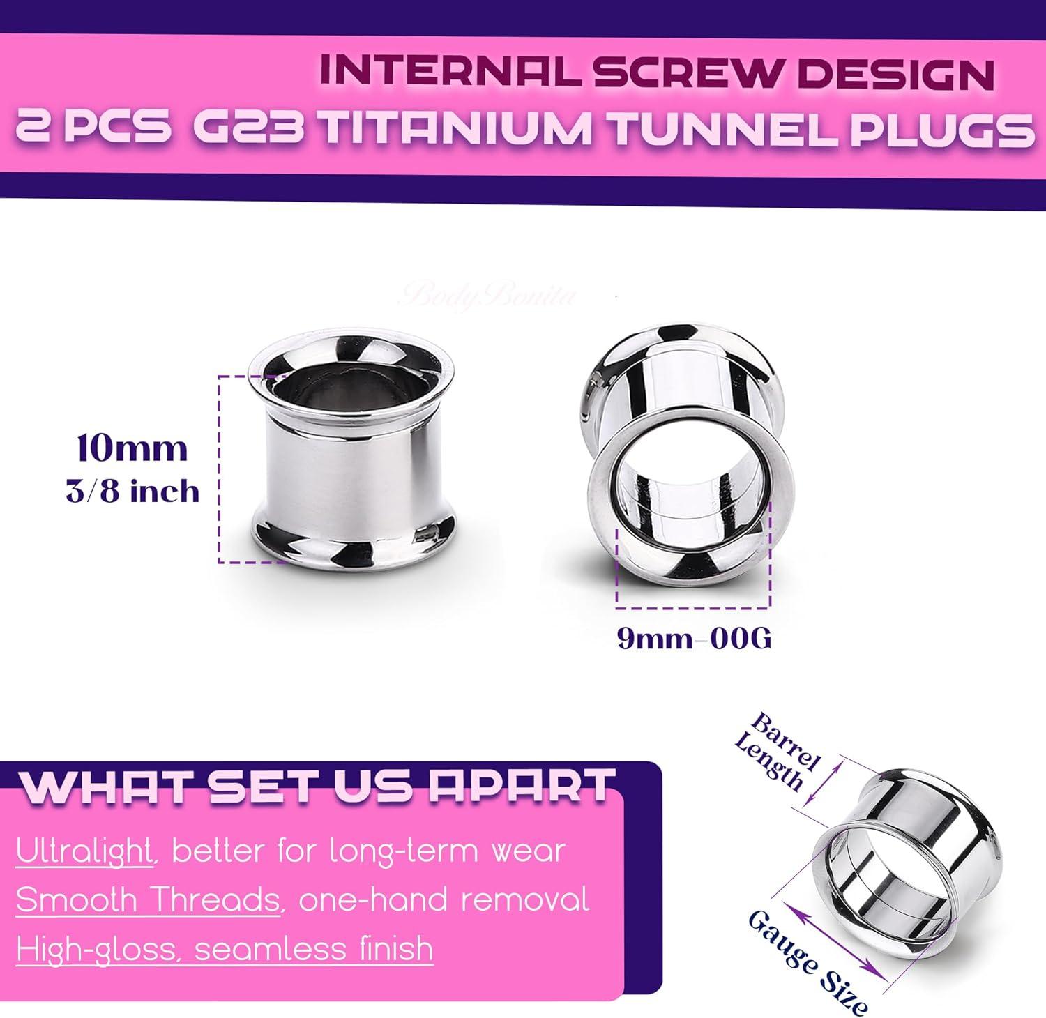 imageBodyBonita 2Pcs G23 Titanium Double Flared Earrings Internally Threaded Gauges for Ears Weights Eyelet Tunnel Plug Stretching Kit From 3mm to 25mm Women MenSilver