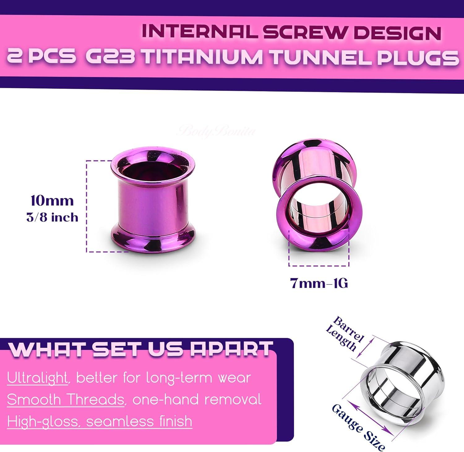 imageBodyBonita 2Pcs G23 Titanium Double Flared Earrings Internally Threaded Gauges for Ears Weights Eyelet Tunnel Plug Stretching Kit From 3mm to 25mm Women MenPurple