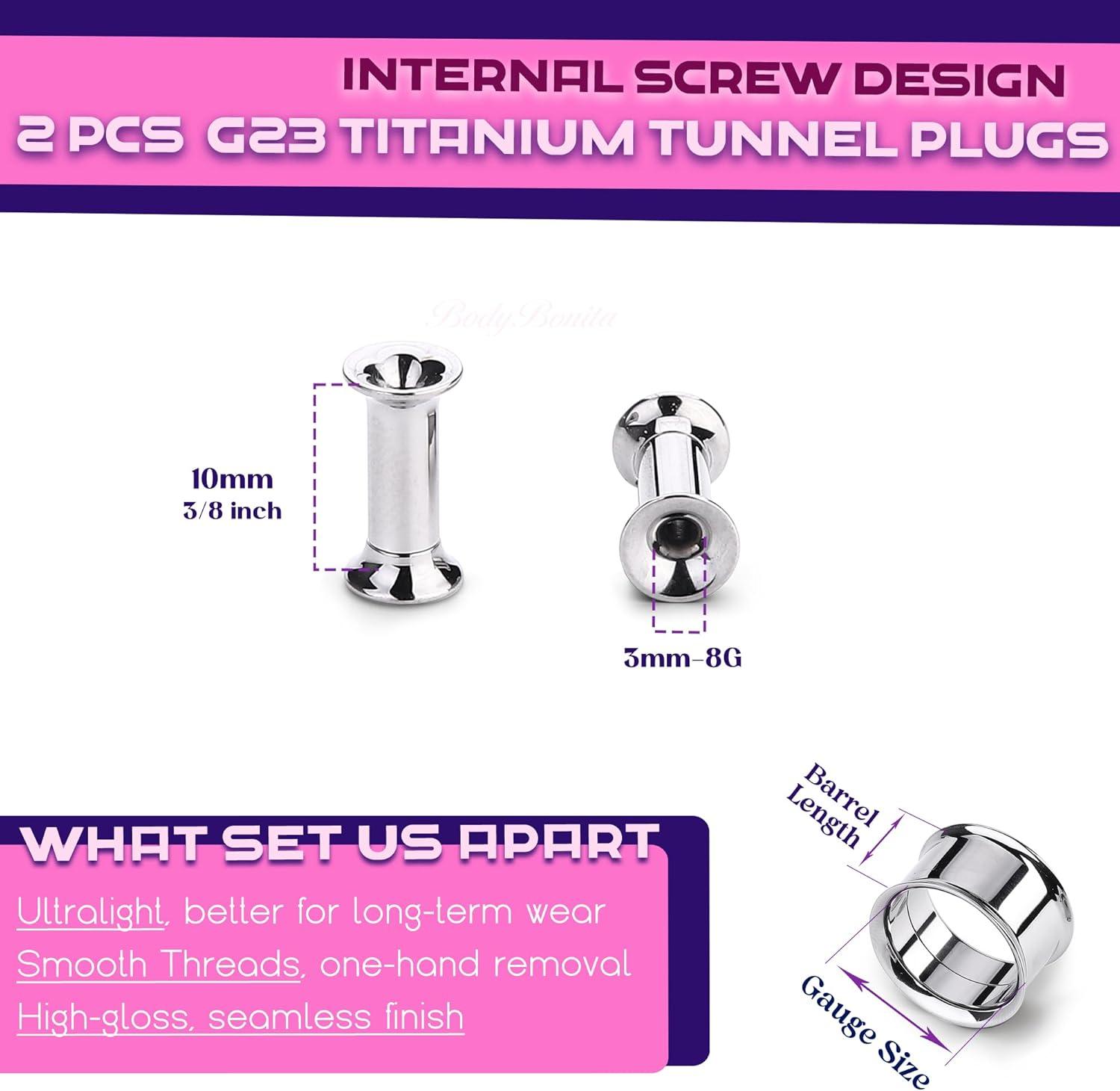 imageBodyBonita 2Pcs G23 Titanium Double Flared Earrings Internally Threaded Gauges for Ears Weights Eyelet Tunnel Plug Stretching Kit From 3mm to 25mm Women MenSilver