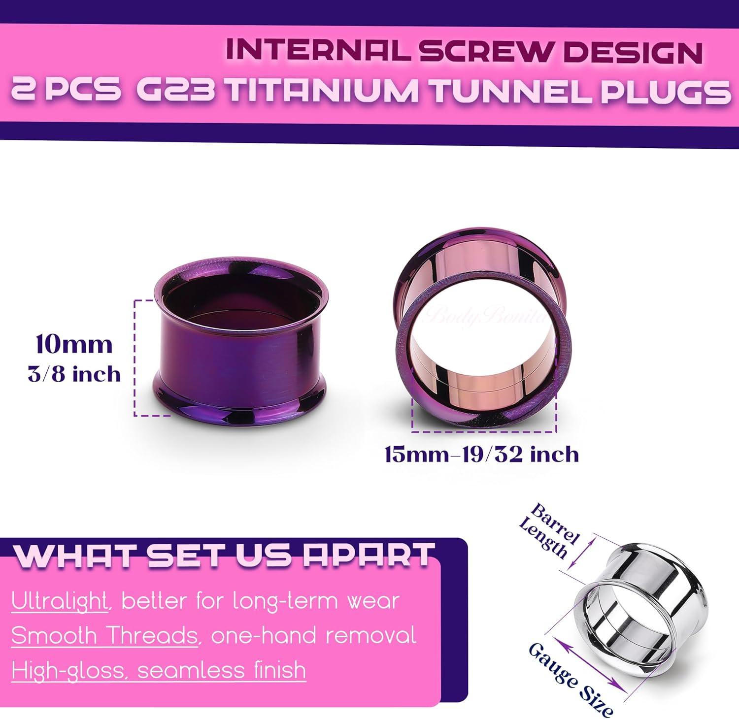imageBodyBonita 2Pcs G23 Titanium Double Flared Earrings Internally Threaded Gauges for Ears Weights Eyelet Tunnel Plug Stretching Kit From 3mm to 25mm Women MenPurple