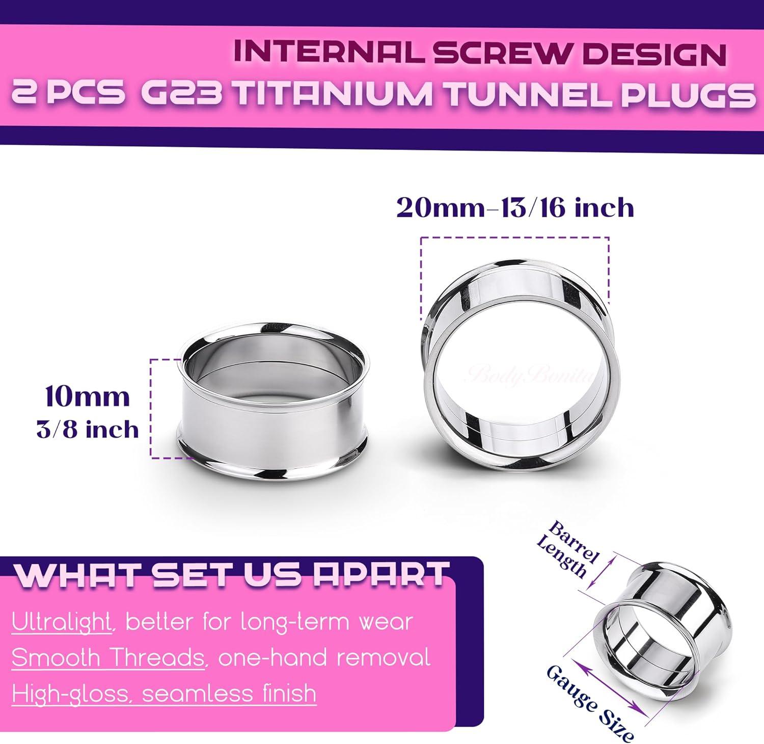 imageBodyBonita 2Pcs G23 Titanium Double Flared Earrings Internally Threaded Gauges for Ears Weights Eyelet Tunnel Plug Stretching Kit From 3mm to 25mm Women MenSilver