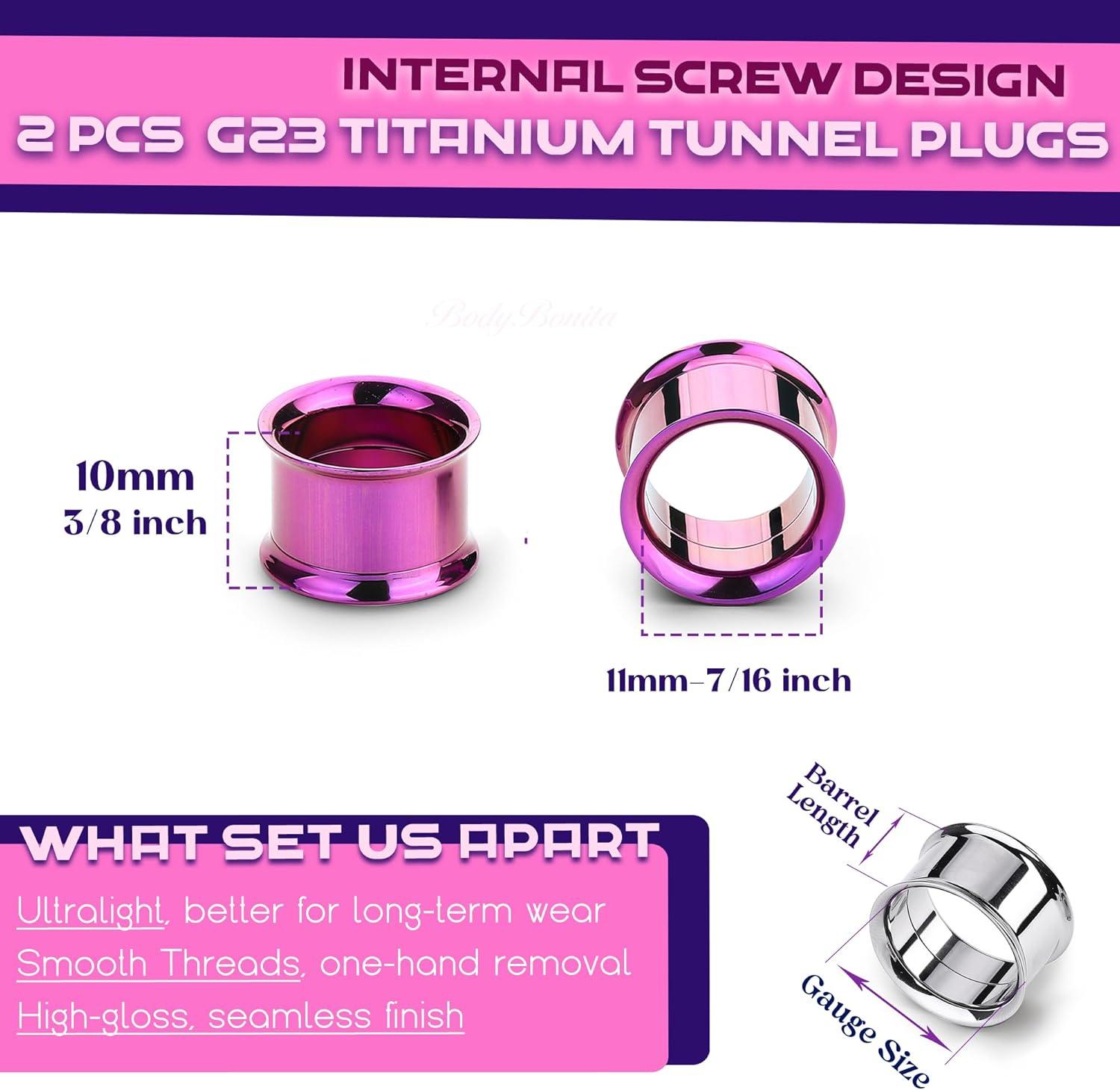 imageBodyBonita 2Pcs G23 Titanium Double Flared Earrings Internally Threaded Gauges for Ears Weights Eyelet Tunnel Plug Stretching Kit From 3mm to 25mm Women MenPurple