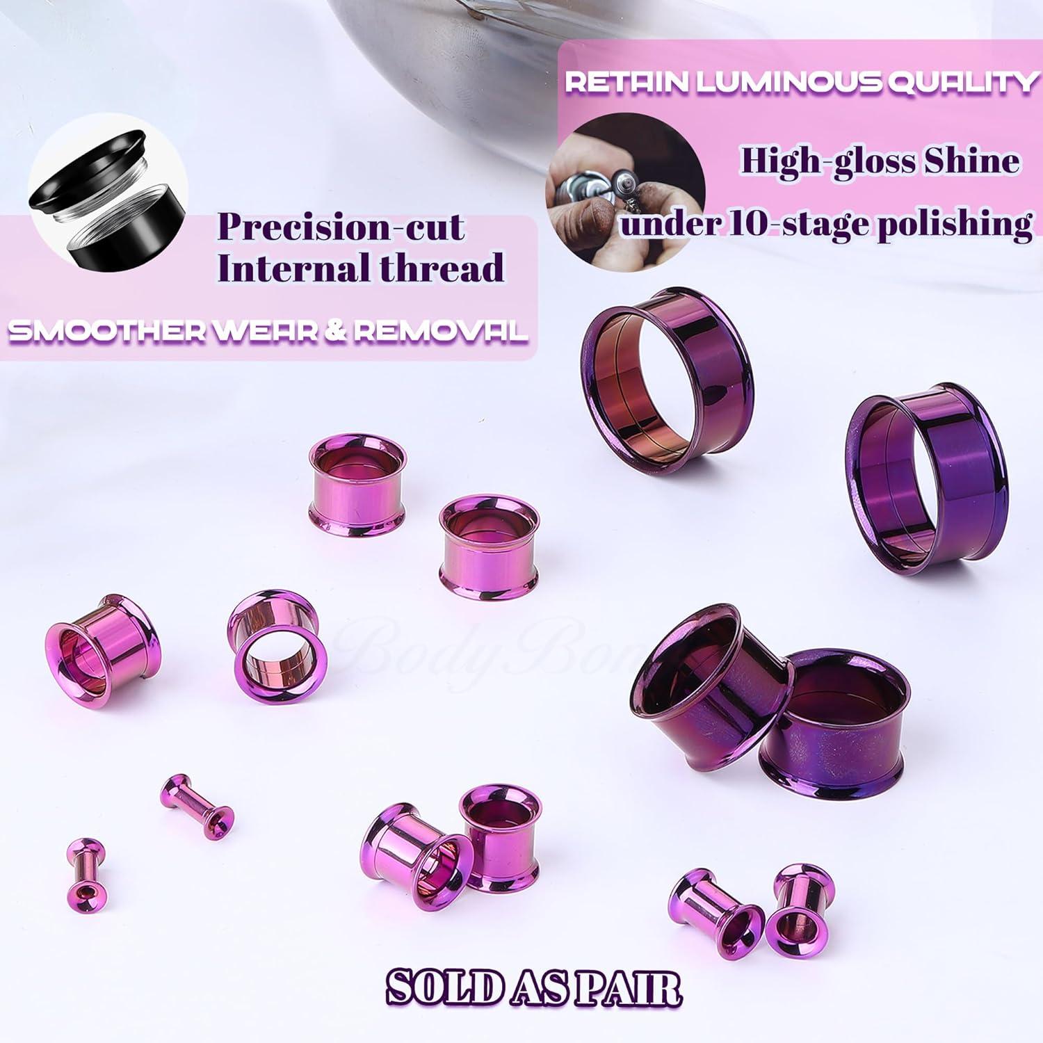 imageBodyBonita 2Pcs G23 Titanium Double Flared Earrings Internally Threaded Gauges for Ears Weights Eyelet Tunnel Plug Stretching Kit From 3mm to 25mm Women MenPurple