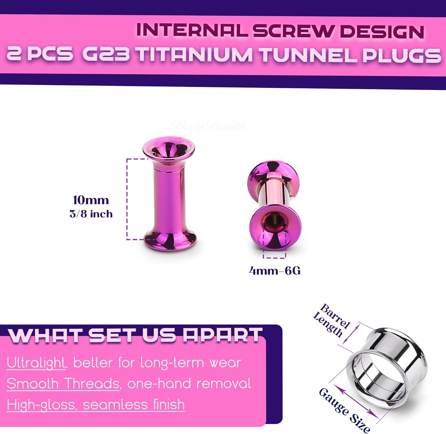 imageBodyBonita 2Pcs G23 Titanium Double Flared Earrings Internally Threaded Gauges for Ears Weights Eyelet Tunnel Plug Stretching Kit From 3mm to 25mm Women MenPurple