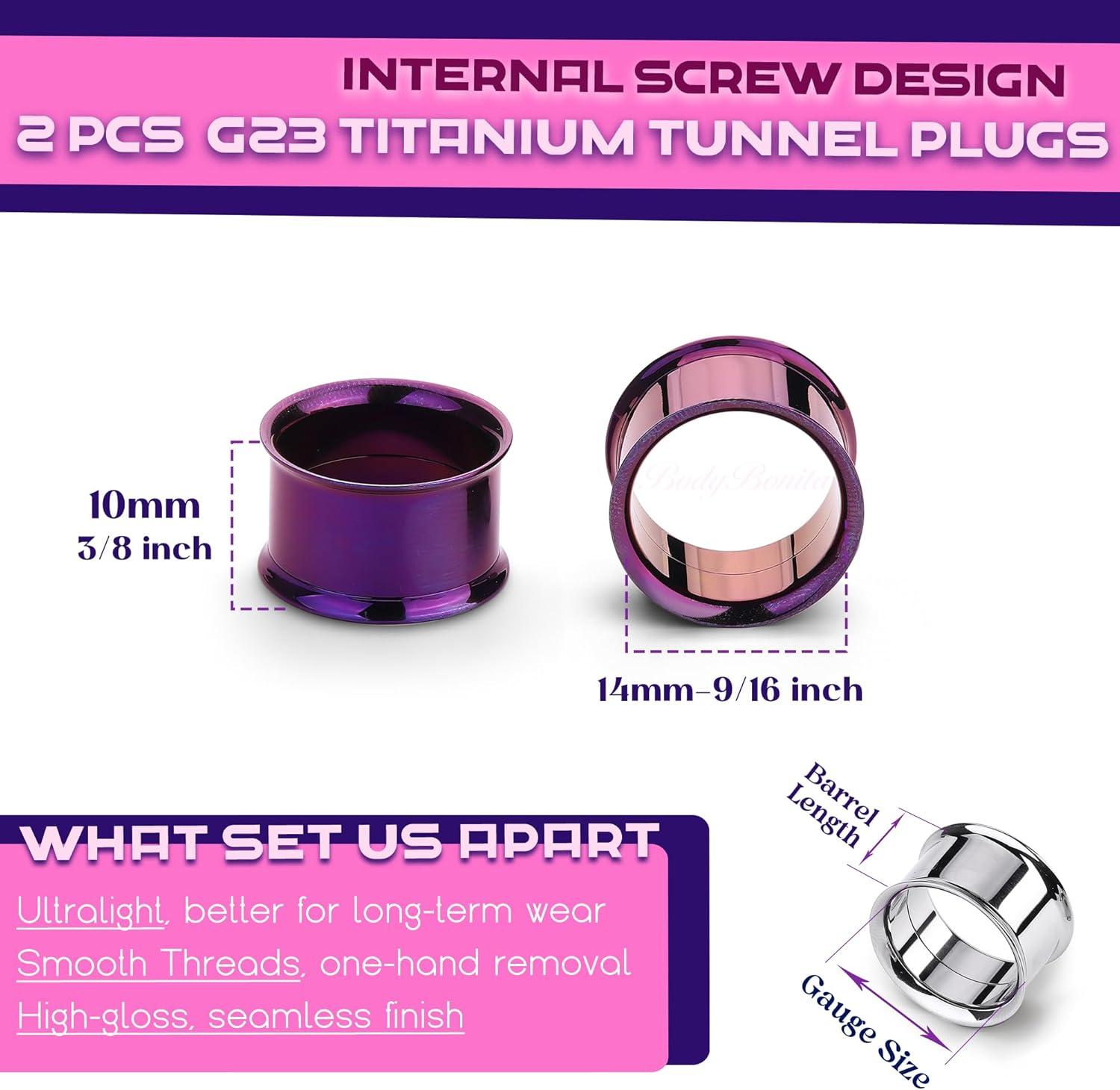 imageBodyBonita 2Pcs G23 Titanium Double Flared Earrings Internally Threaded Gauges for Ears Weights Eyelet Tunnel Plug Stretching Kit From 3mm to 25mm Women MenPurple