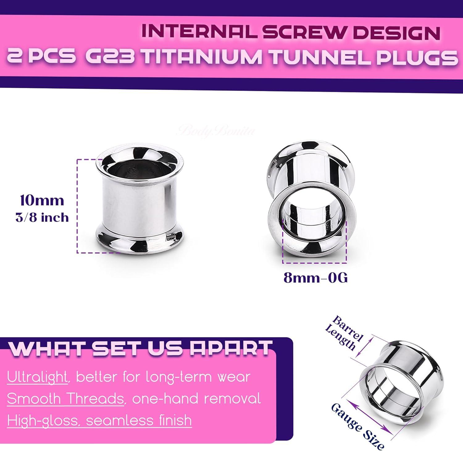 imageBodyBonita 2Pcs G23 Titanium Double Flared Earrings Internally Threaded Gauges for Ears Weights Eyelet Tunnel Plug Stretching Kit From 3mm to 25mm Women MenSilver