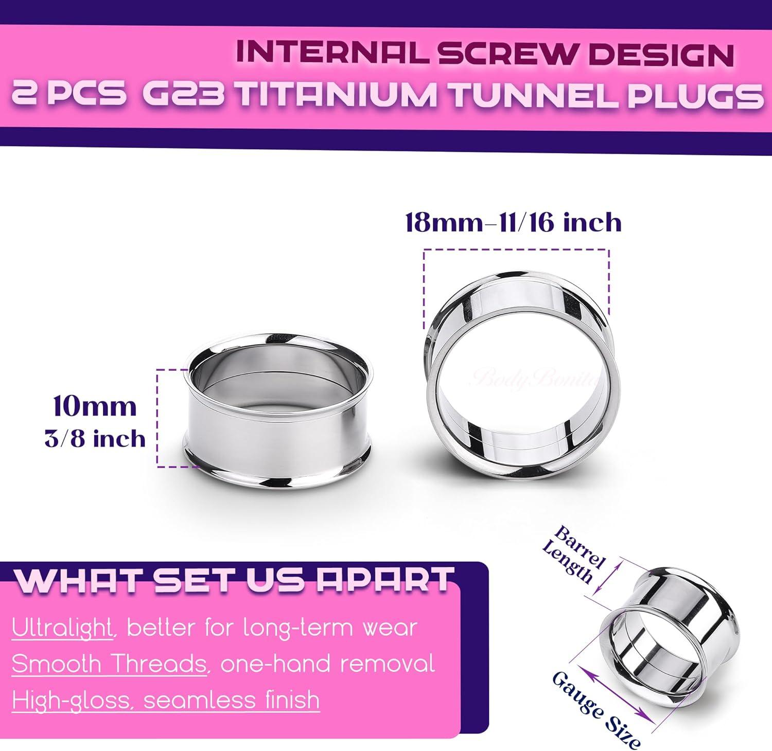 imageBodyBonita 2Pcs G23 Titanium Double Flared Earrings Internally Threaded Gauges for Ears Weights Eyelet Tunnel Plug Stretching Kit From 3mm to 25mm Women MenSilver