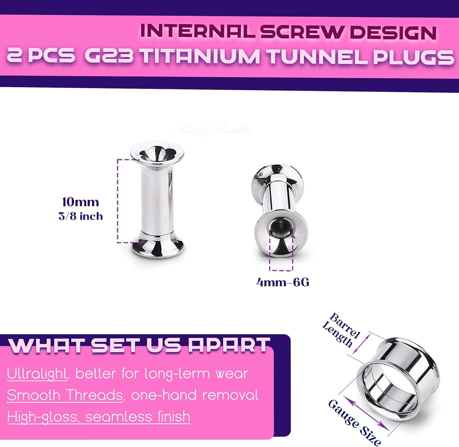 imageBodyBonita 2Pcs G23 Titanium Double Flared Earrings Internally Threaded Gauges for Ears Weights Eyelet Tunnel Plug Stretching Kit From 3mm to 25mm Women MenSilver