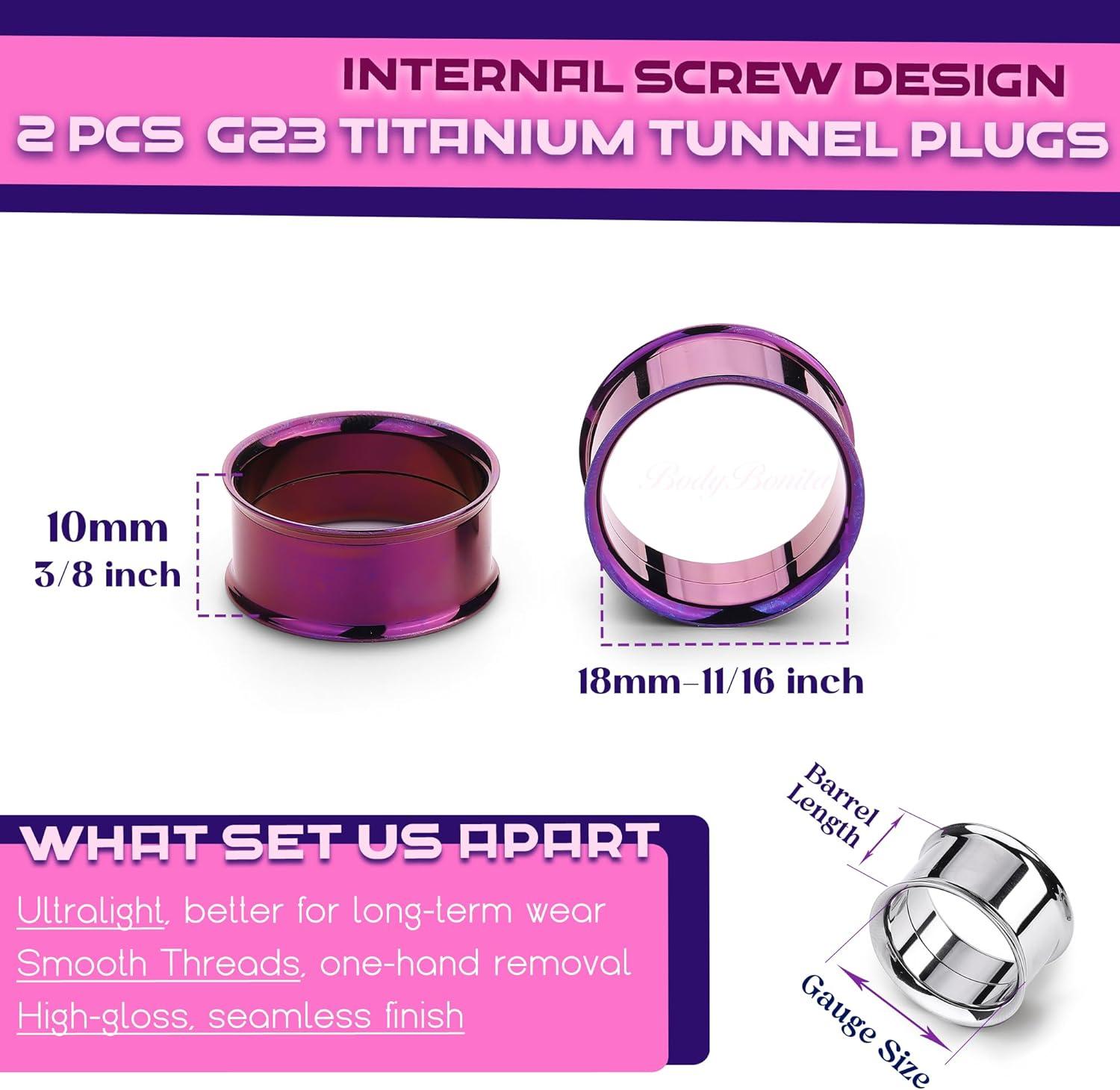 imageBodyBonita 2Pcs G23 Titanium Double Flared Earrings Internally Threaded Gauges for Ears Weights Eyelet Tunnel Plug Stretching Kit From 3mm to 25mm Women MenPurple