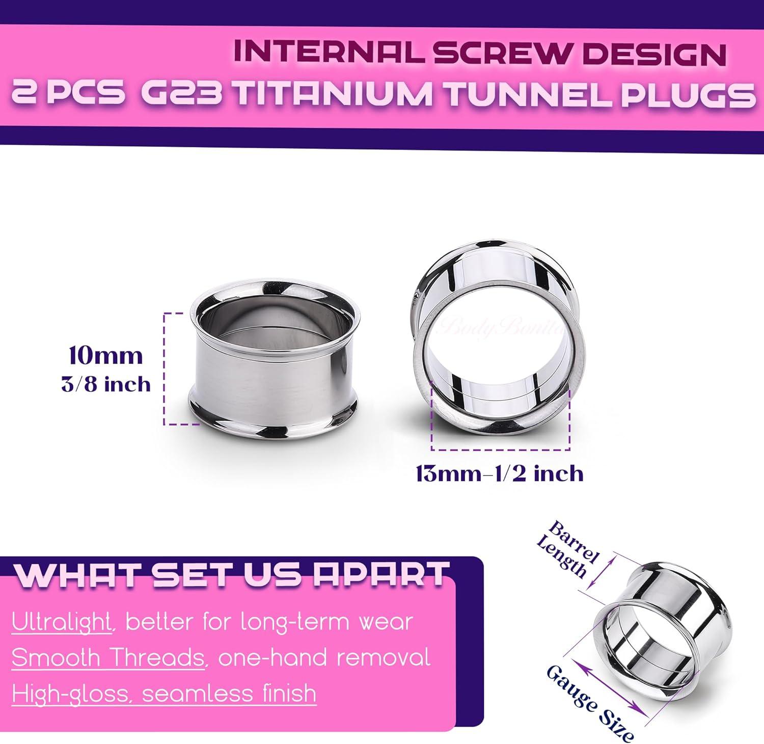 imageBodyBonita 2Pcs G23 Titanium Double Flared Earrings Internally Threaded Gauges for Ears Weights Eyelet Tunnel Plug Stretching Kit From 3mm to 25mm Women MenSilver