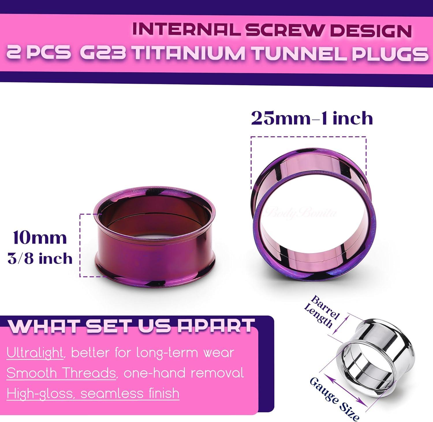 imageBodyBonita 2Pcs G23 Titanium Double Flared Earrings Internally Threaded Gauges for Ears Weights Eyelet Tunnel Plug Stretching Kit From 3mm to 25mm Women MenPurple