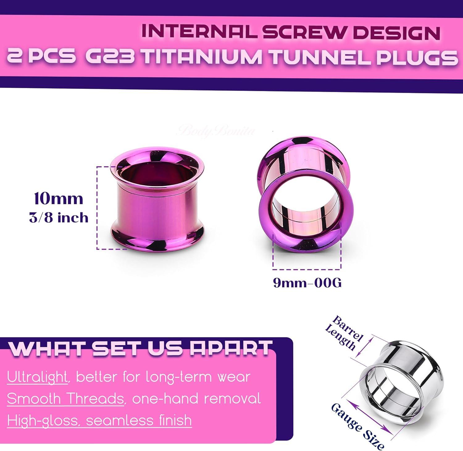 imageBodyBonita 2Pcs G23 Titanium Double Flared Earrings Internally Threaded Gauges for Ears Weights Eyelet Tunnel Plug Stretching Kit From 3mm to 25mm Women MenPurple