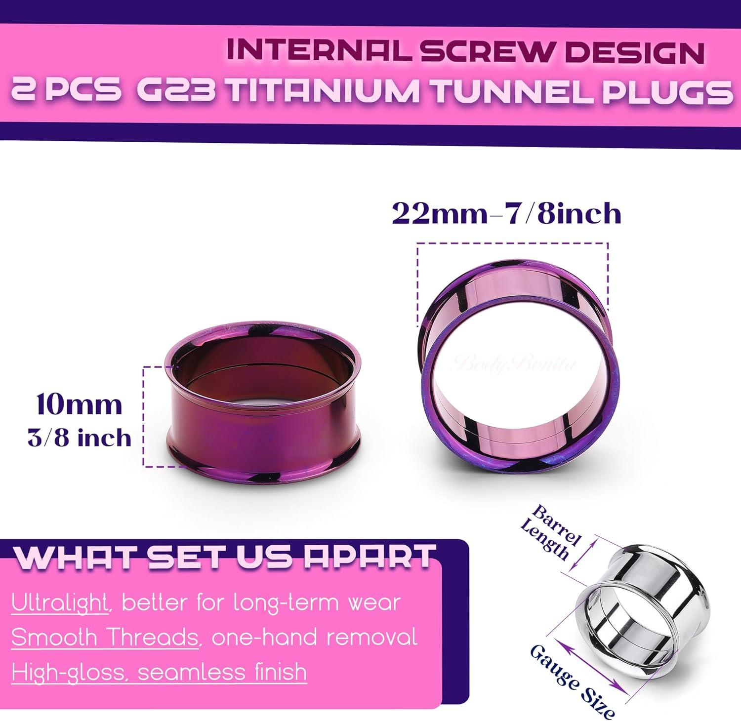 imageBodyBonita 2Pcs G23 Titanium Double Flared Earrings Internally Threaded Gauges for Ears Weights Eyelet Tunnel Plug Stretching Kit From 3mm to 25mm Women MenPurple