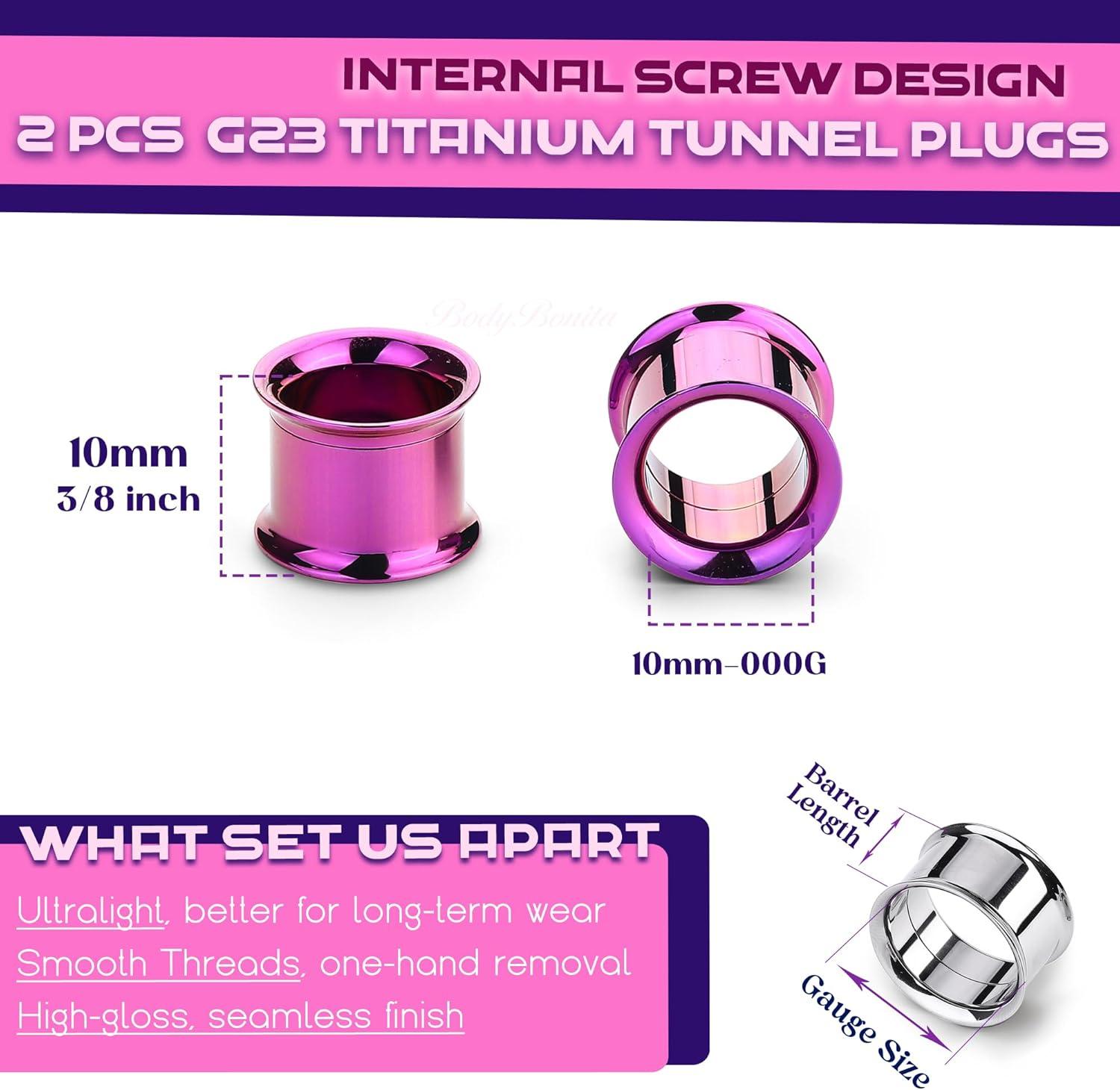 imageBodyBonita 2Pcs G23 Titanium Double Flared Earrings Internally Threaded Gauges for Ears Weights Eyelet Tunnel Plug Stretching Kit From 3mm to 25mm Women MenPurple